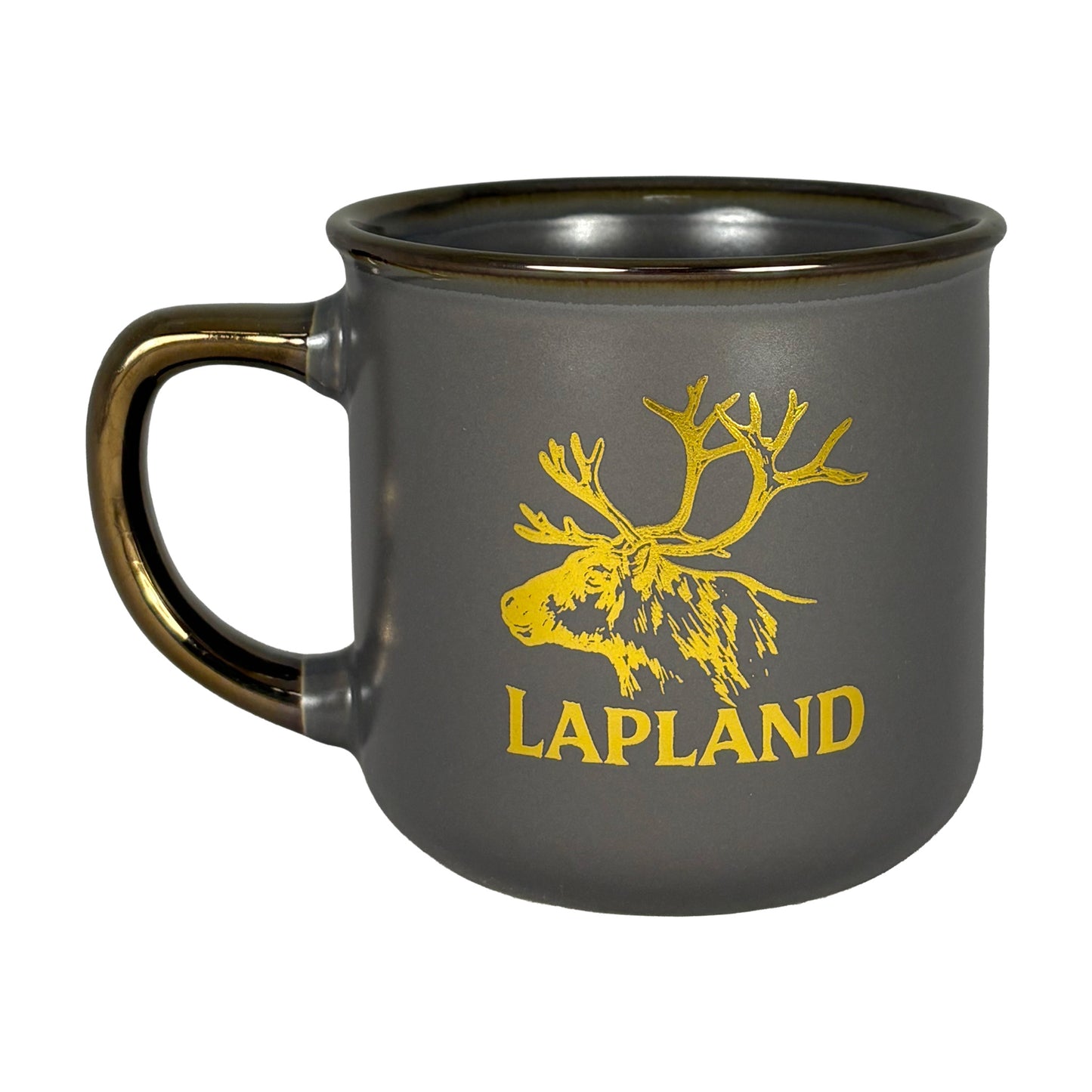 Baksidan av grå mugg med samma guldfärgade motiv.