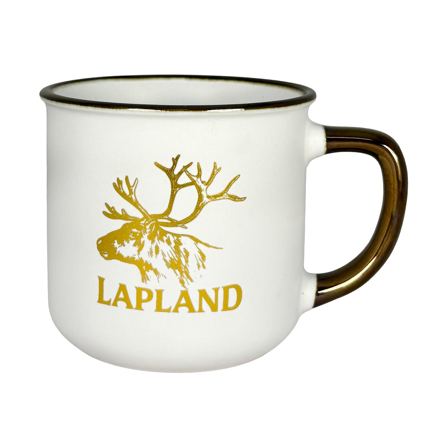 Gräddvit mugg med guldfärgat renmotiv och texten "Lapland", sedd framifrån.