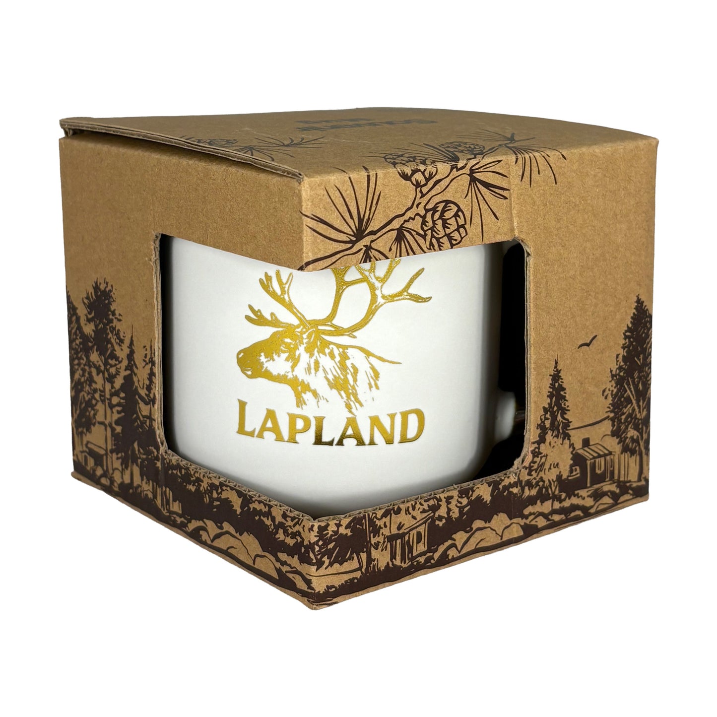 Muggen i dekorativ förpackning med naturinspirerat tryck, sedd framifrån.