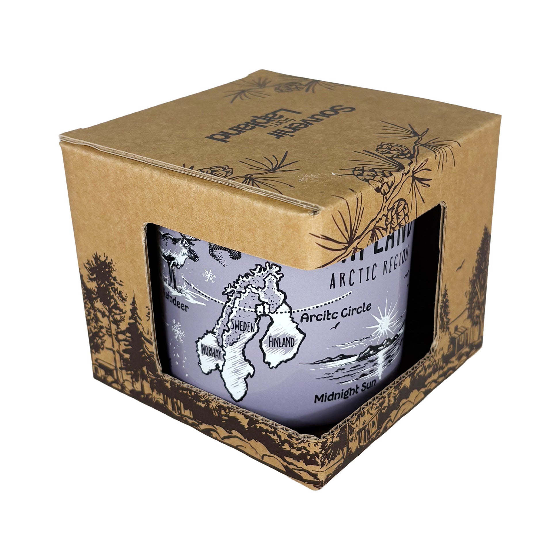 Lila mugg i brun pappförpackning med mörkbrunt skogsmotiv och texten "Souvenir from Lapland" på toppen.