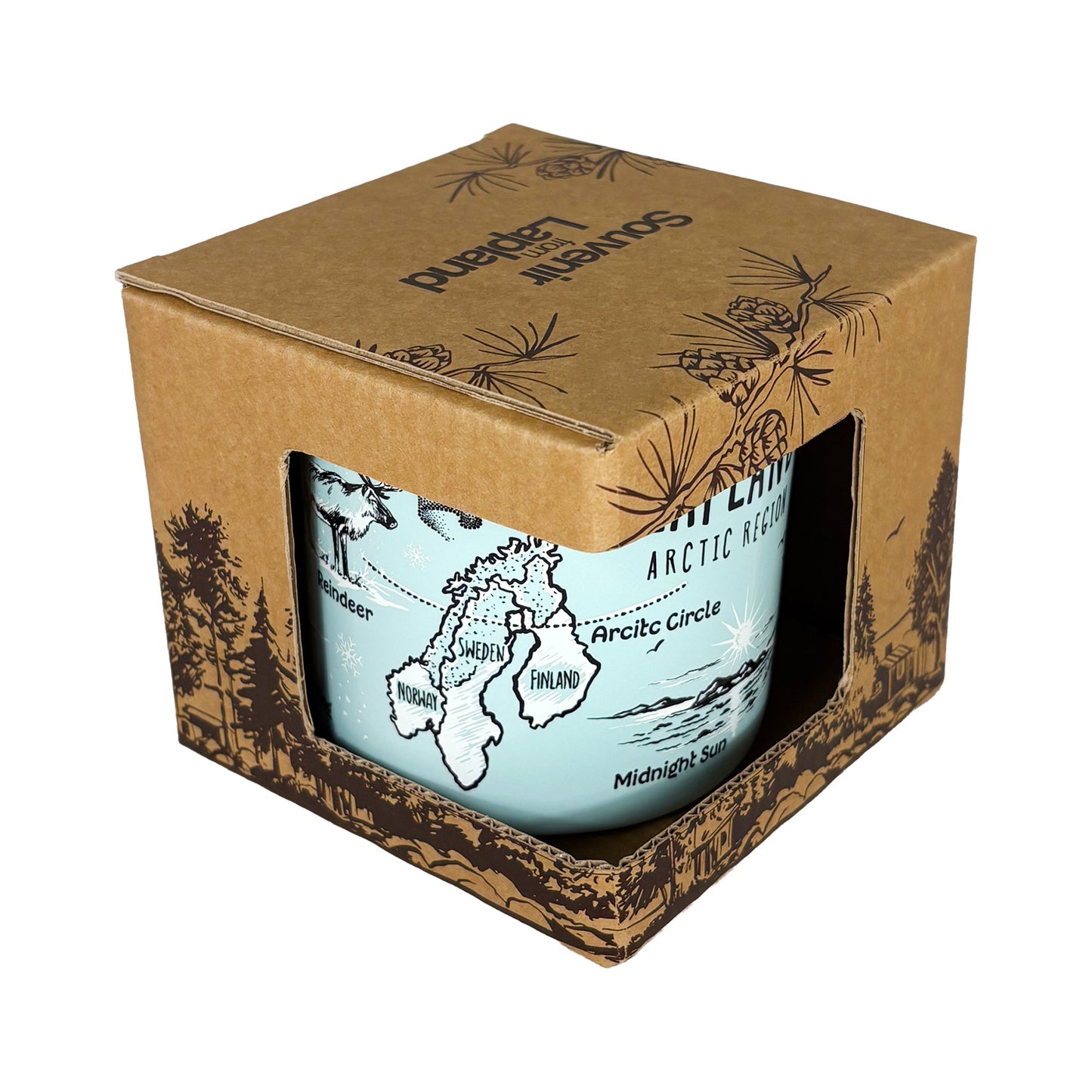 Ljusblå mugg i brun pappförpackning med mörkbrunt skogsmotiv och texten "Souvenir from Lapland" på toppen. 