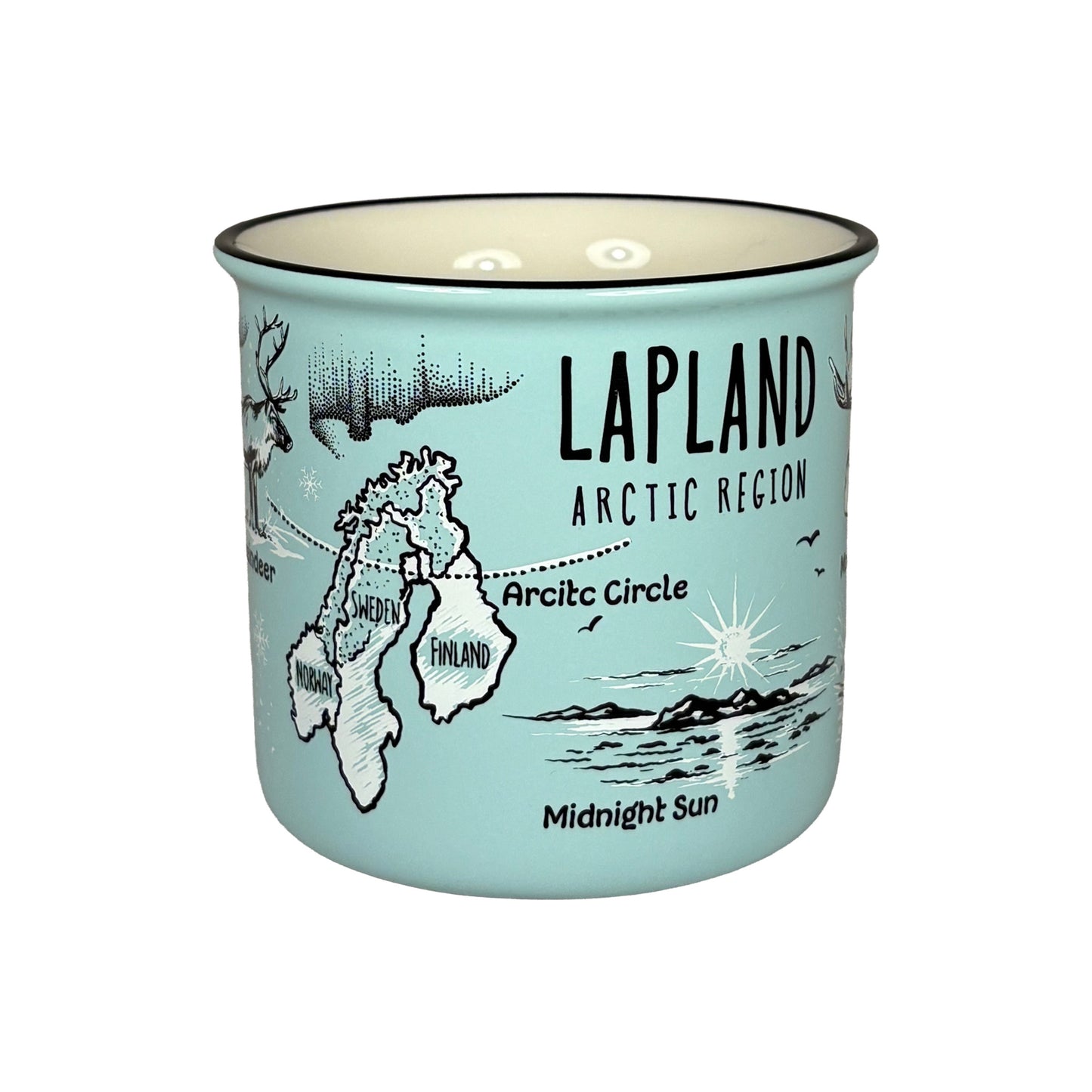 Ljusblå mugg utan synligt handtag med svartvita illustrationer av renar, midnattssol och karta över nordiska länder med markerad Polcirkeln samt texten "Lapland Arctic Region".