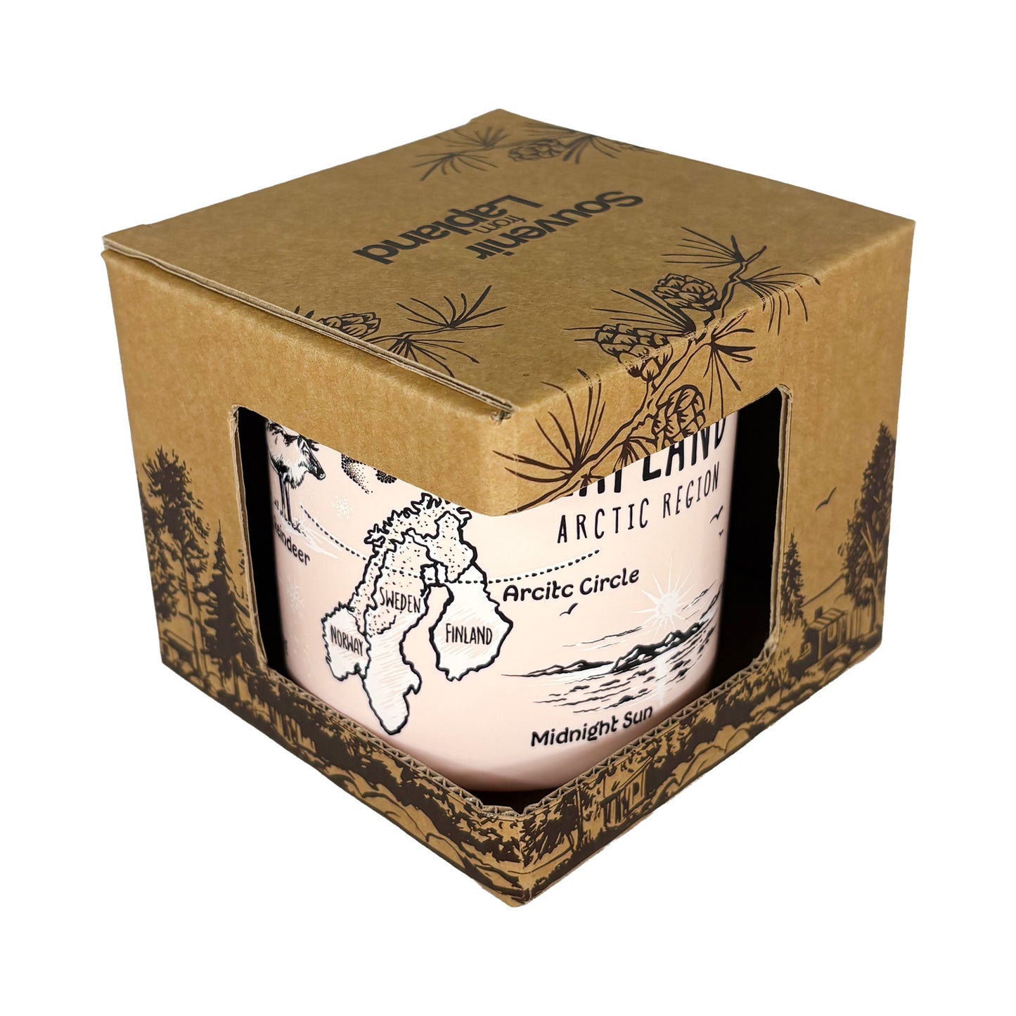 Rosa mugg i brun pappförpackning med mörkbrunt skogsmotiv och texten "Souvenir from Lapland" på toppen. Muggen syns genom ett fönster i förpackningen.