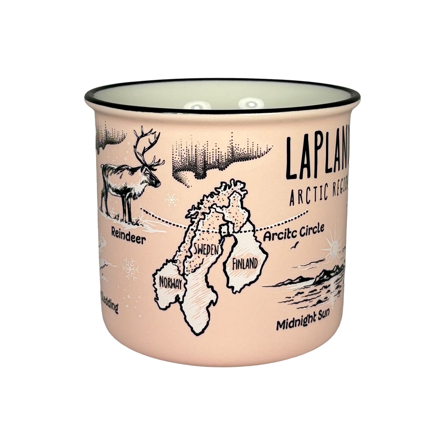 Rosa mugg utan synligt handtag med svartvita illustrationer av renar, midnattssol och karta över nordiska länder med markerad Polcirkeln samt texten "Lapland Arctic Region".