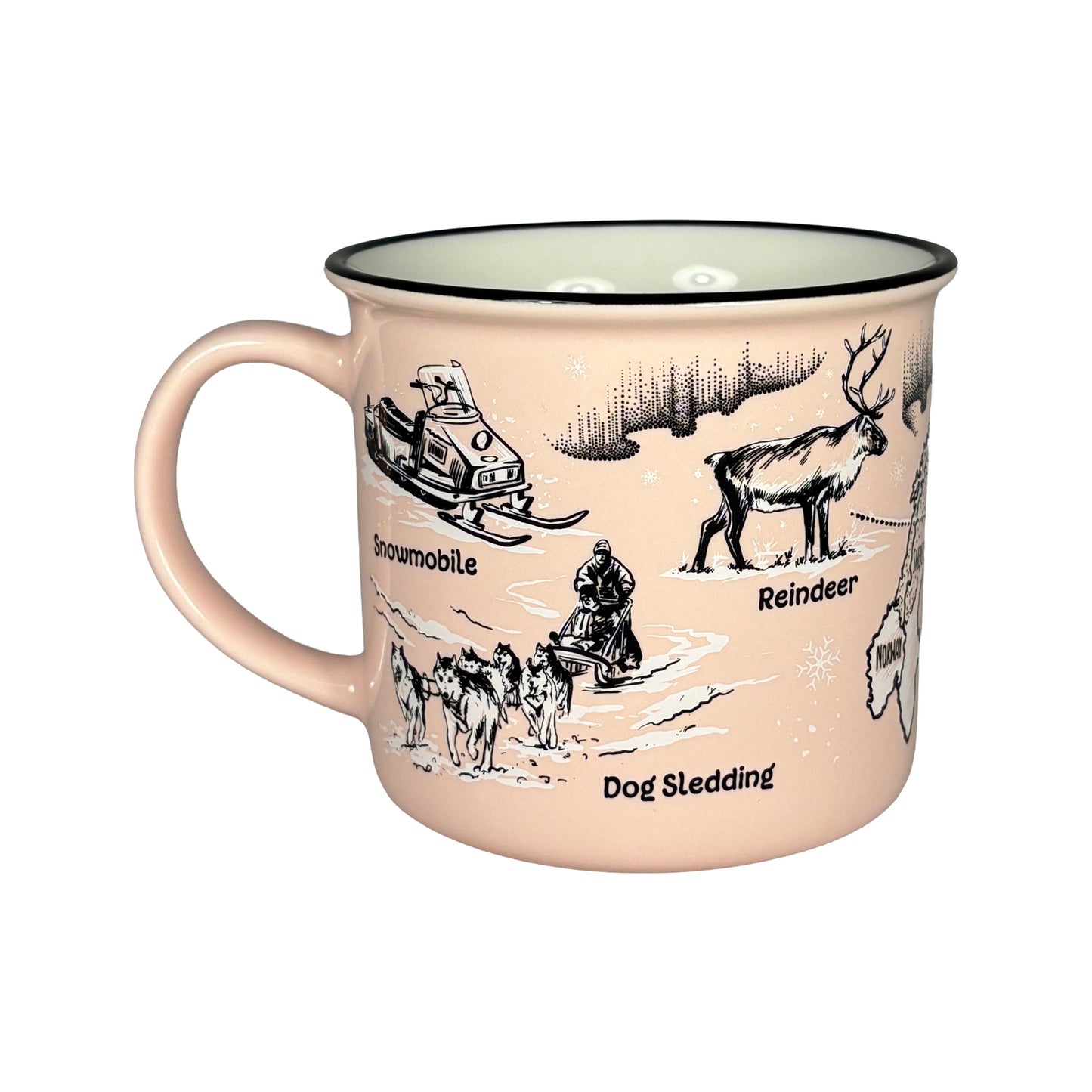 Rosa mugg med handtaget åt vänster, med svartvita illustrationer av hundspann, midnattssol och karta med markerad Polcirkeln samt texten "Lapland Arctic Region".