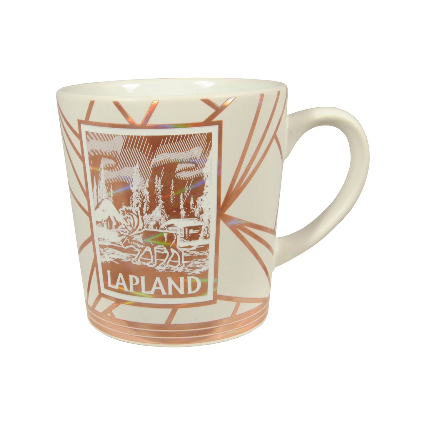Vit souvenirmugg med motiv av ren och texten "Lapland" i roséguld – inspirerad av vintern i Lappland.