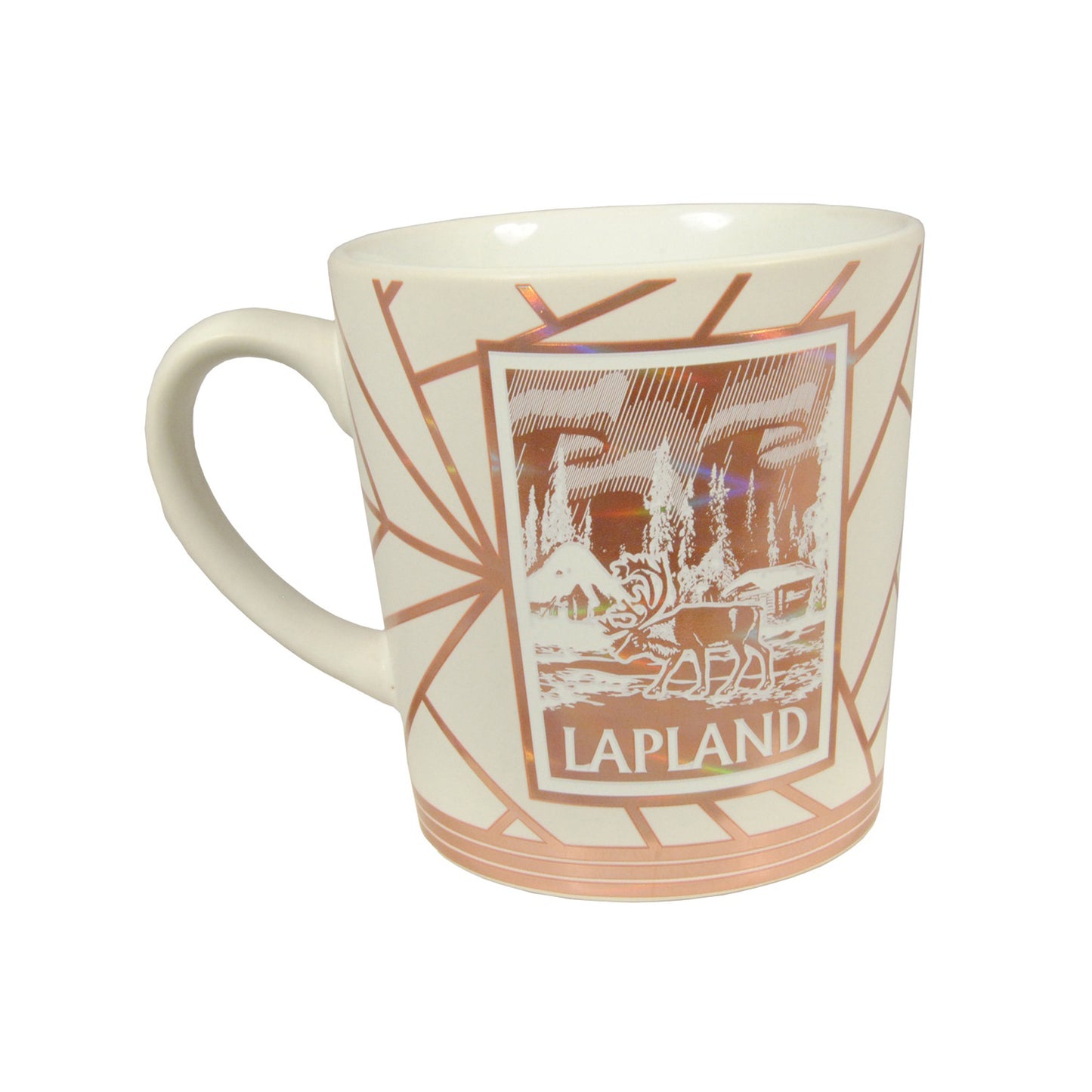 Baksidan av vit souvenirmugg med renmotiv och texten "Lapland" i roséguld – samma design på båda sidor.