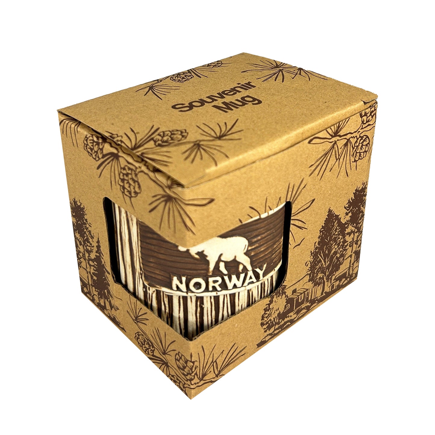 Mugg med älgmotiv och texten NORWAY. Visas här snett ovanifrån i förpackning, mörkbrun kartong med skogsmotiv och text “Souvenir Mug” på locket.