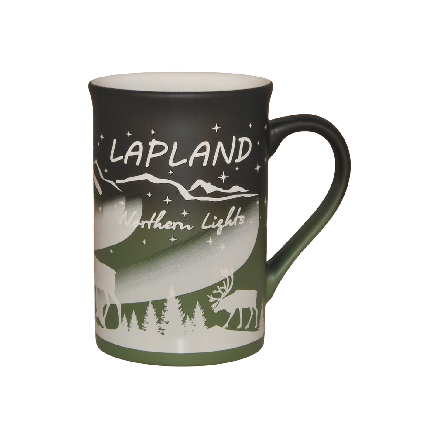 Mugg i grönt och svart med motiv av norrsken och texten "Lapland – Northern Lights".