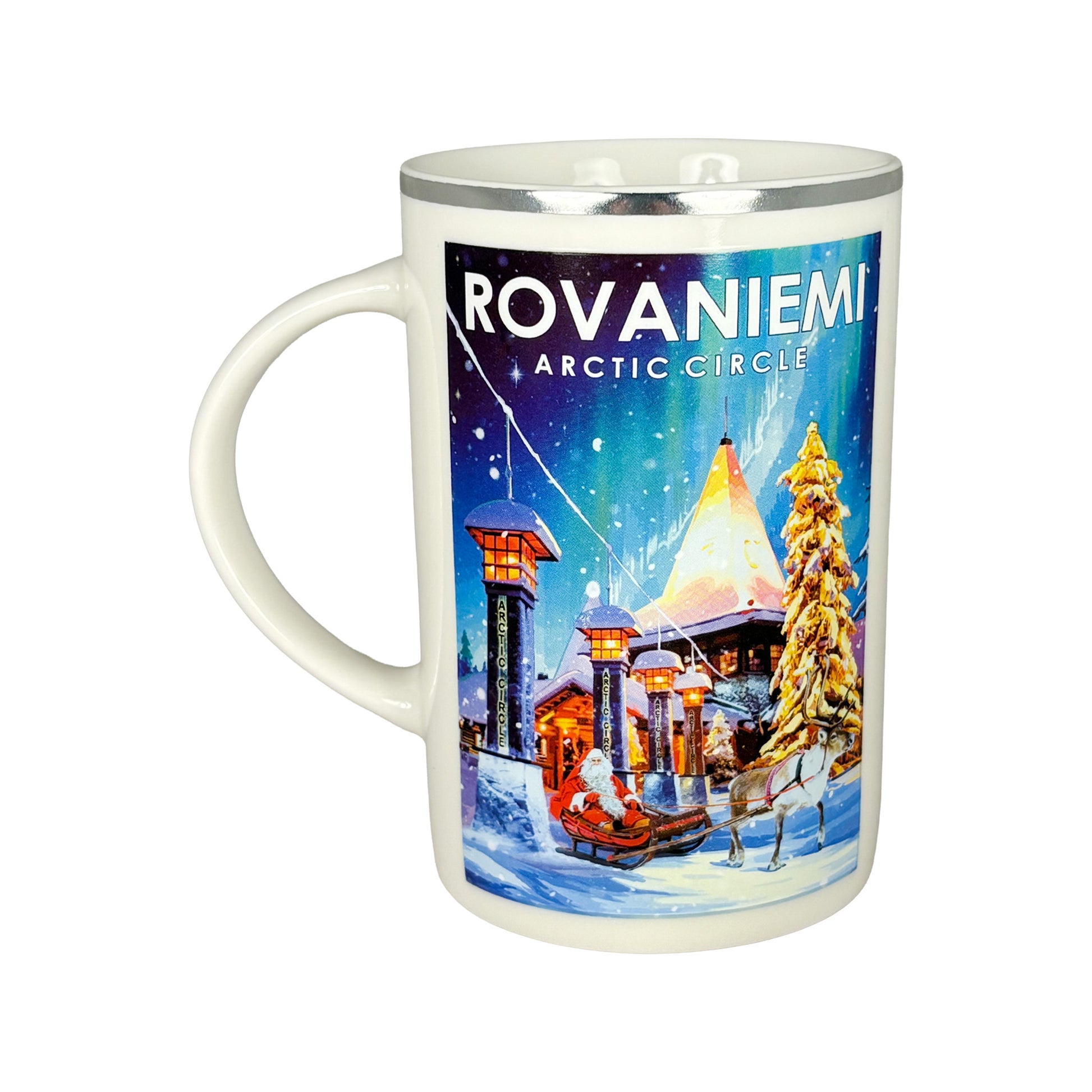 Julig souvenir mugg från Rovaniemi med Silverkant, motiv av tomte och ren på båda sidor, handtag till vänster.