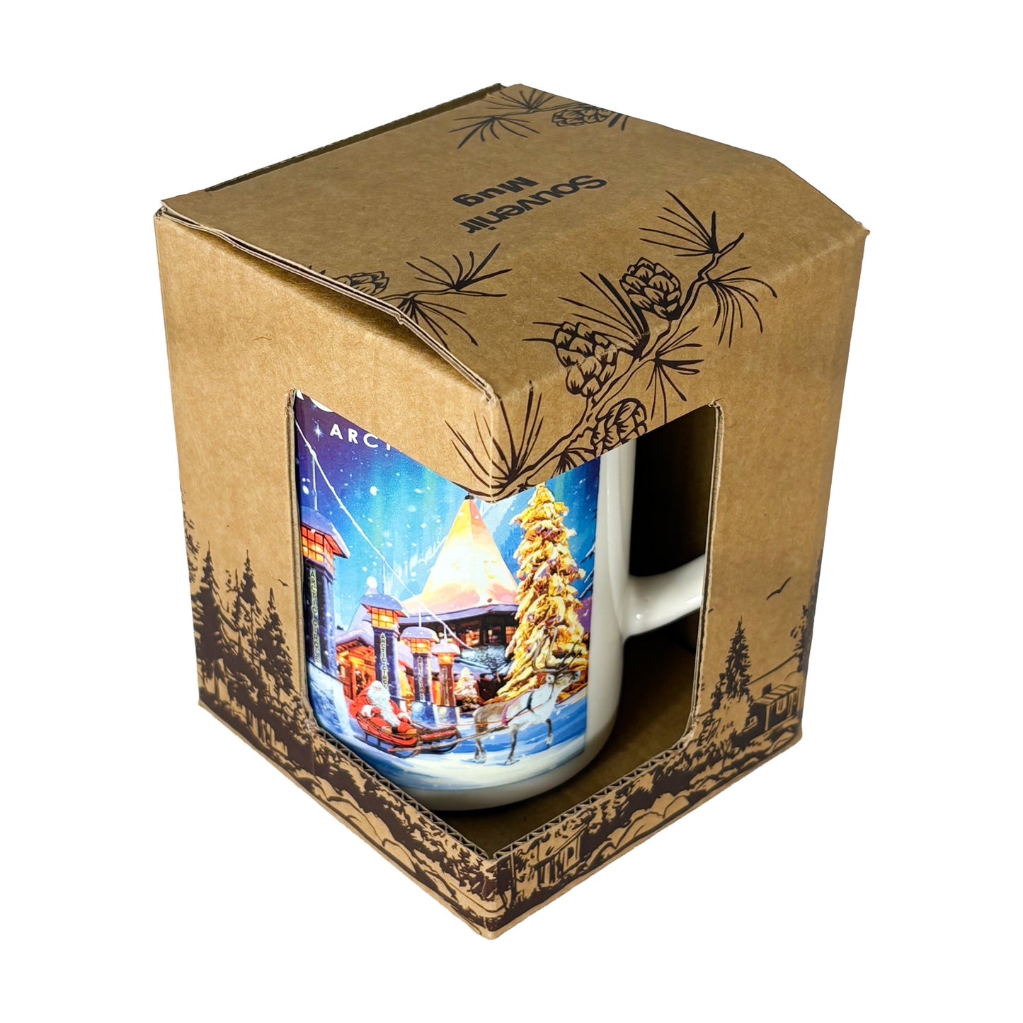 Souvenir mugg Rovaniemi Silverkant i presentförpackning, mörkbrun kartong med skogsmotiv och text “Souvenir Mug” på locket.