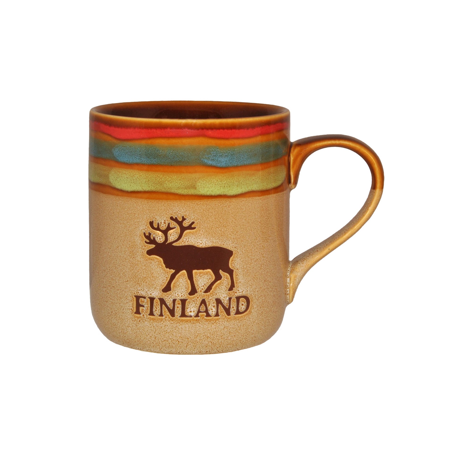 Ljusbrun stengodsmugg med texten "Finland" och en brun ren, dekorerad med ränder i grönt, blått och rosa – perfekt som present eller souvenir, härlig att dricka ur och påminnelse om Finlands natur.