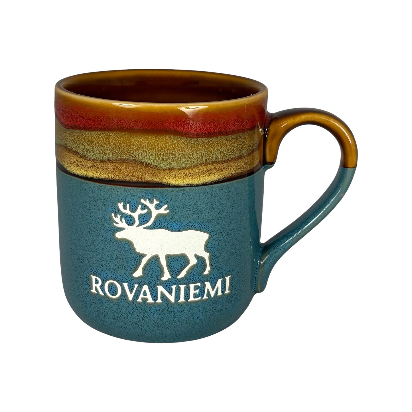 Souvenirmugg i stengods med ren och Rovaniemi-tryck, blå med dekorativa färgränder