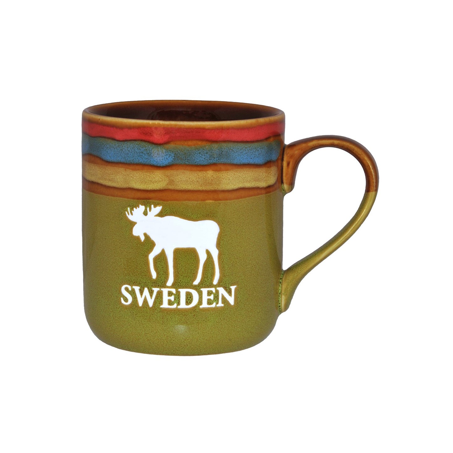 Grön stengodsmugg med texten "Sweden" och vit älg, med dekorativa ränder i blått, rosa och ljusgult upptill – souvenirmugg från Sverige.