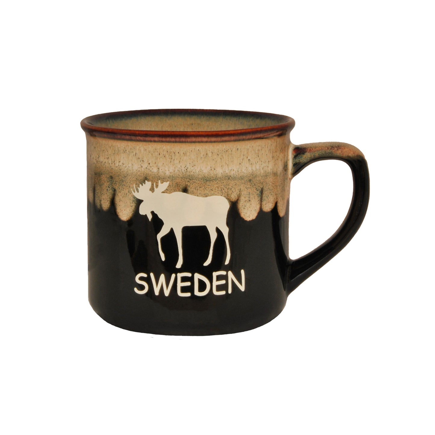 Svart stengodsmugg med älgmotiv och texten "Sweden" – perfekt souvenir från Sverige, idealisk för kaffe och älgjakt.