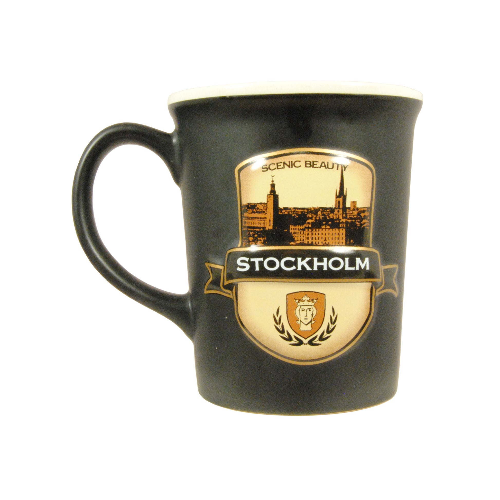 Baksidan av den svarta muggen "Stockholm Scenic Beauty" med samma motiv som på framsidan, i 2D.