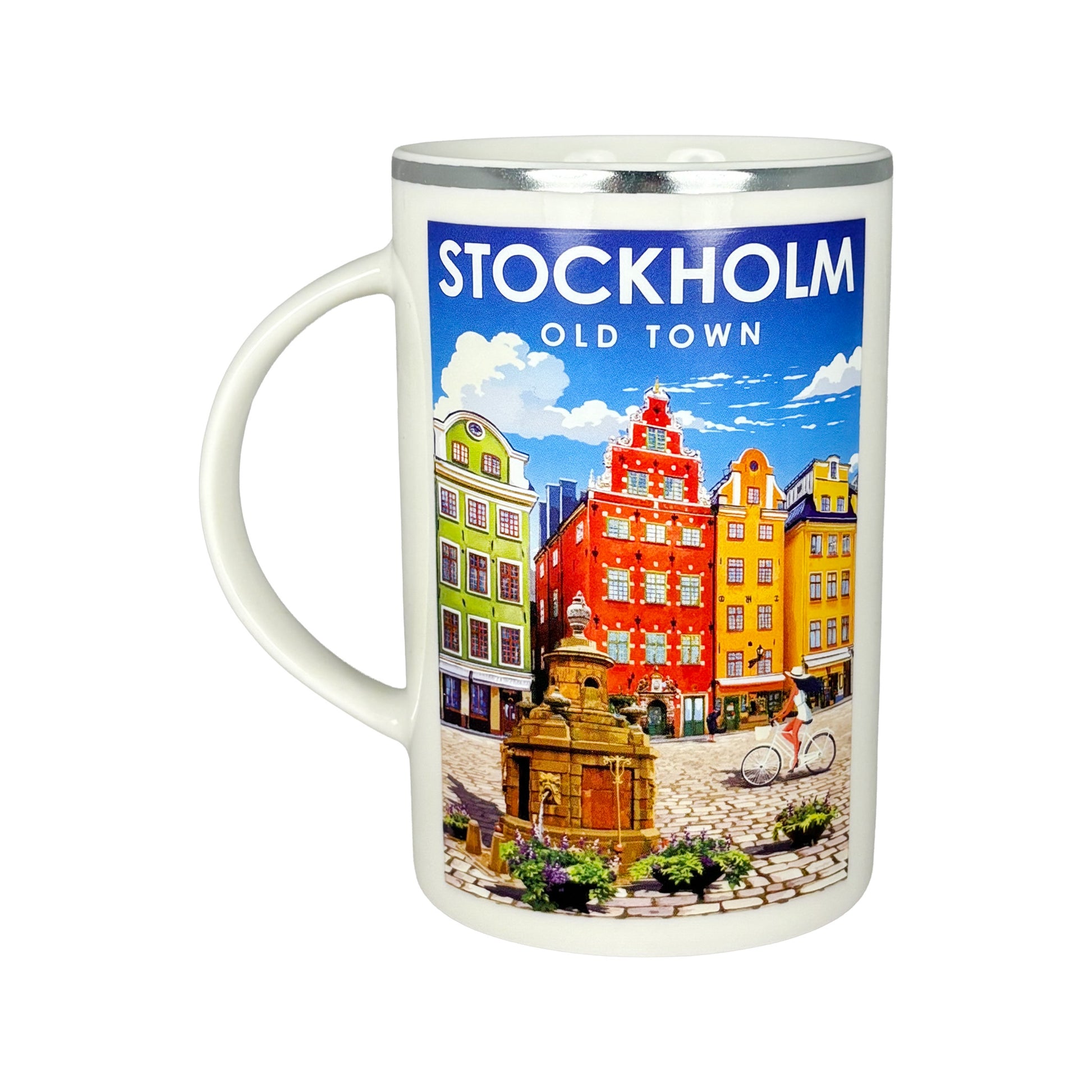 Souvenirmugg Stockholm med silverkant och motiv från Stockholms Gamla stan på båda sidor, handtag åt vänster.