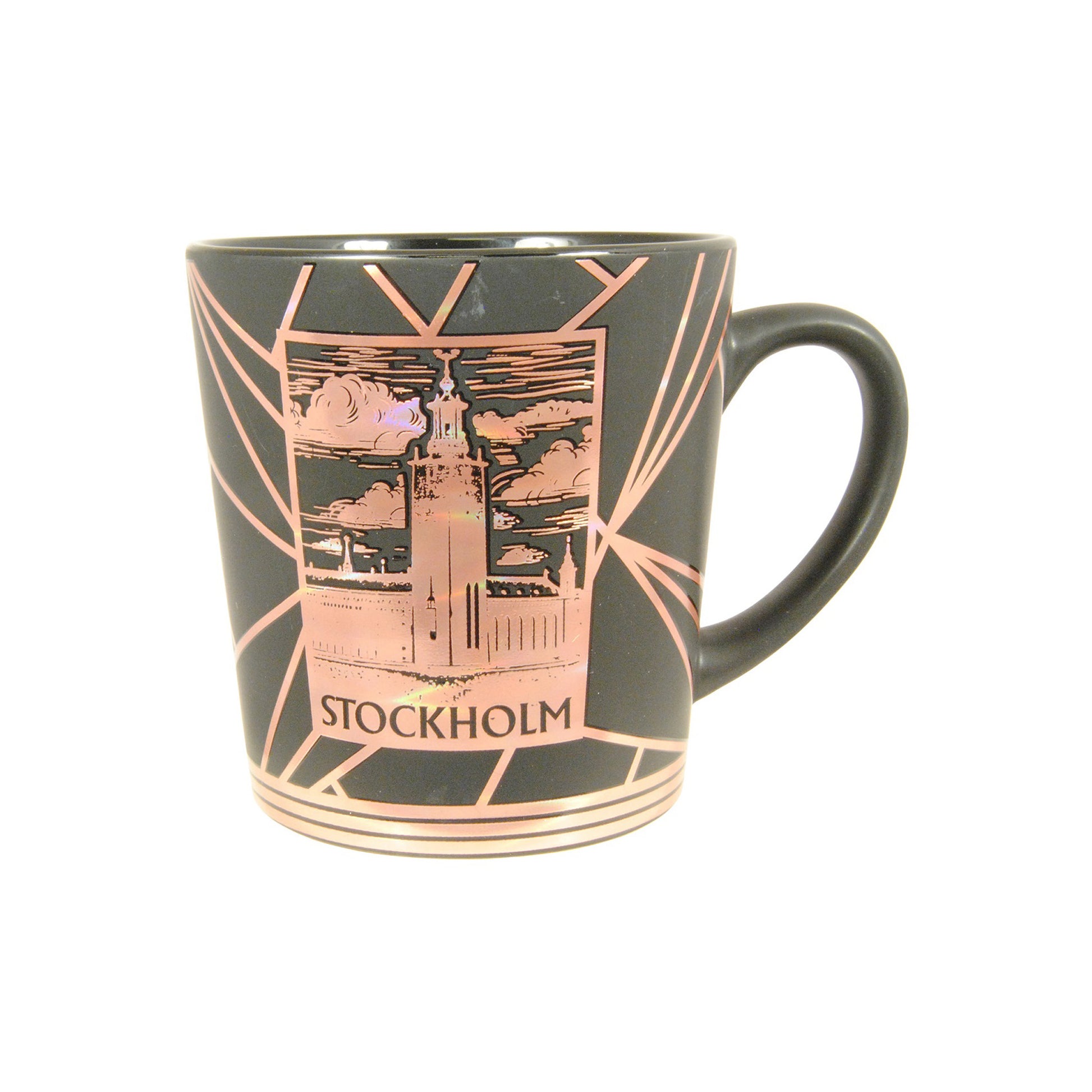 Svart keramikmugg med Stockholmsmotiv och rosa guldtryck – stilfull souvenir, 10,5 cm hög och 10 cm bred.