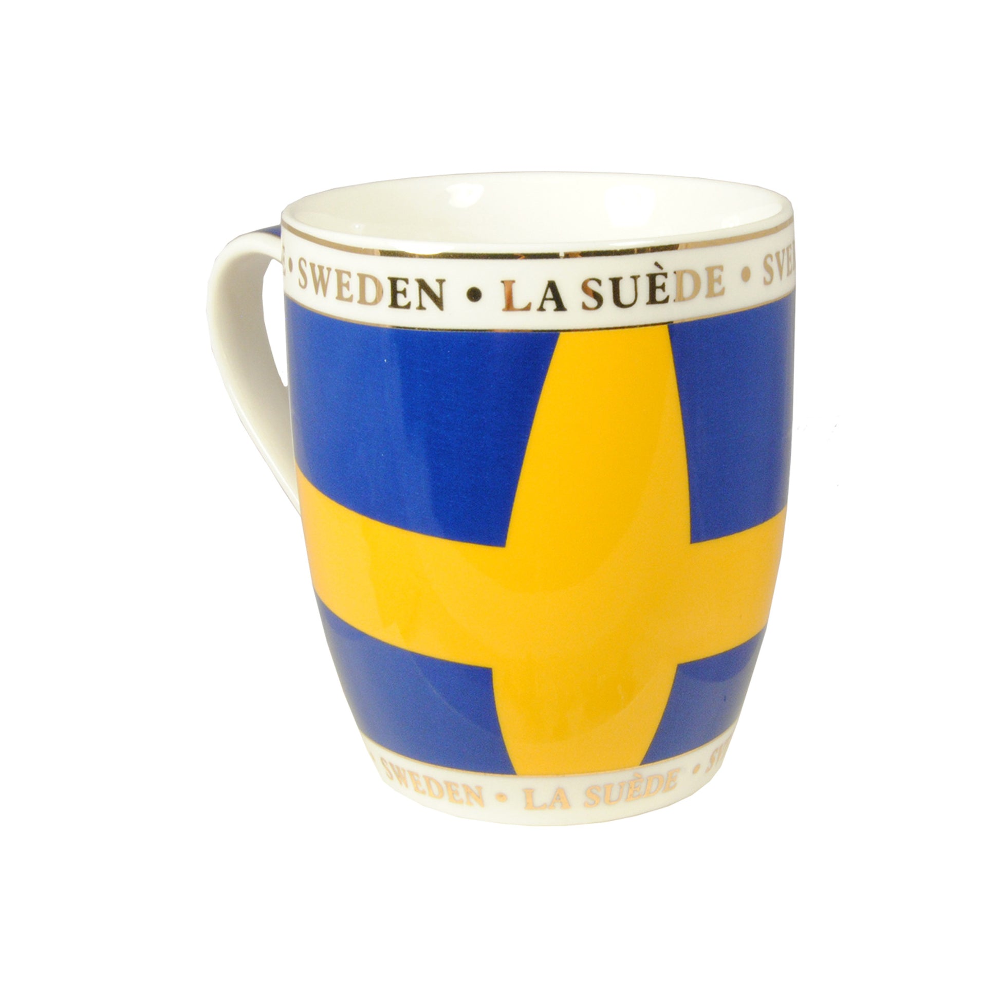 Vit porslinsmugg med svensk flagga, text "Sverige Sweden La Suéde" och guldfärgad kant – 10,5 cm hög souvenir med hög kvalitet och klara färger, perfekt som present från Sverige.