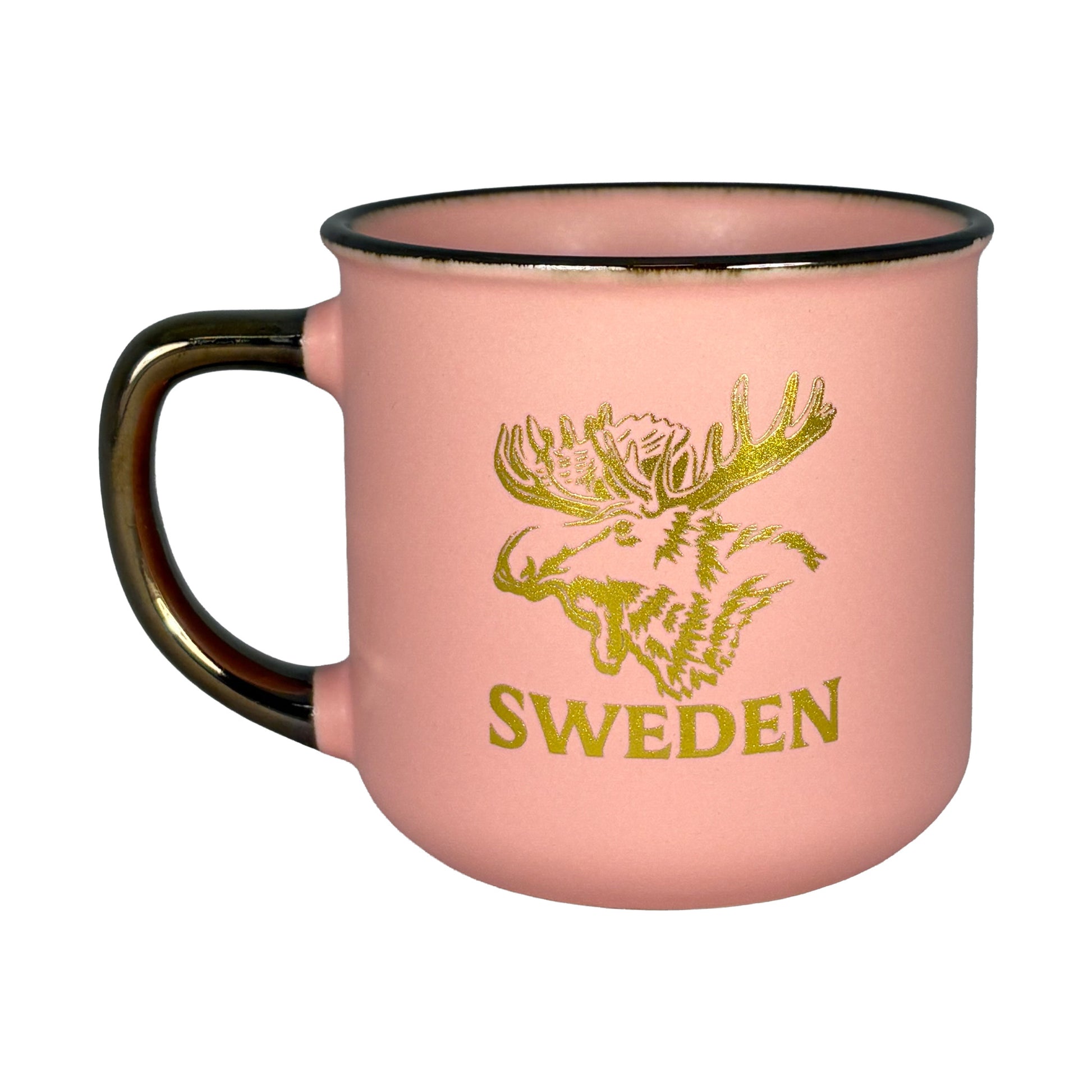 Baksidan av aprikosfärgad mugg med samma guldfärgade motiv.