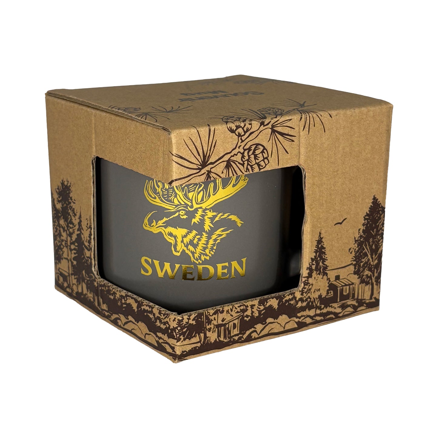 Muggen i förpackning sedd framifrån – brun kartong med mörkbrunt skogsmotiv.