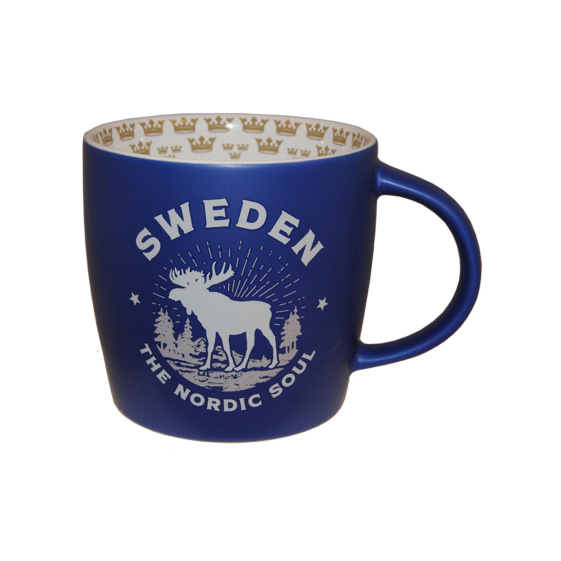 Blå mugg med texten "Sweden" och insida dekorerad med kungakronor – 10 cm hög souvenirmugg med nordiskt tema.