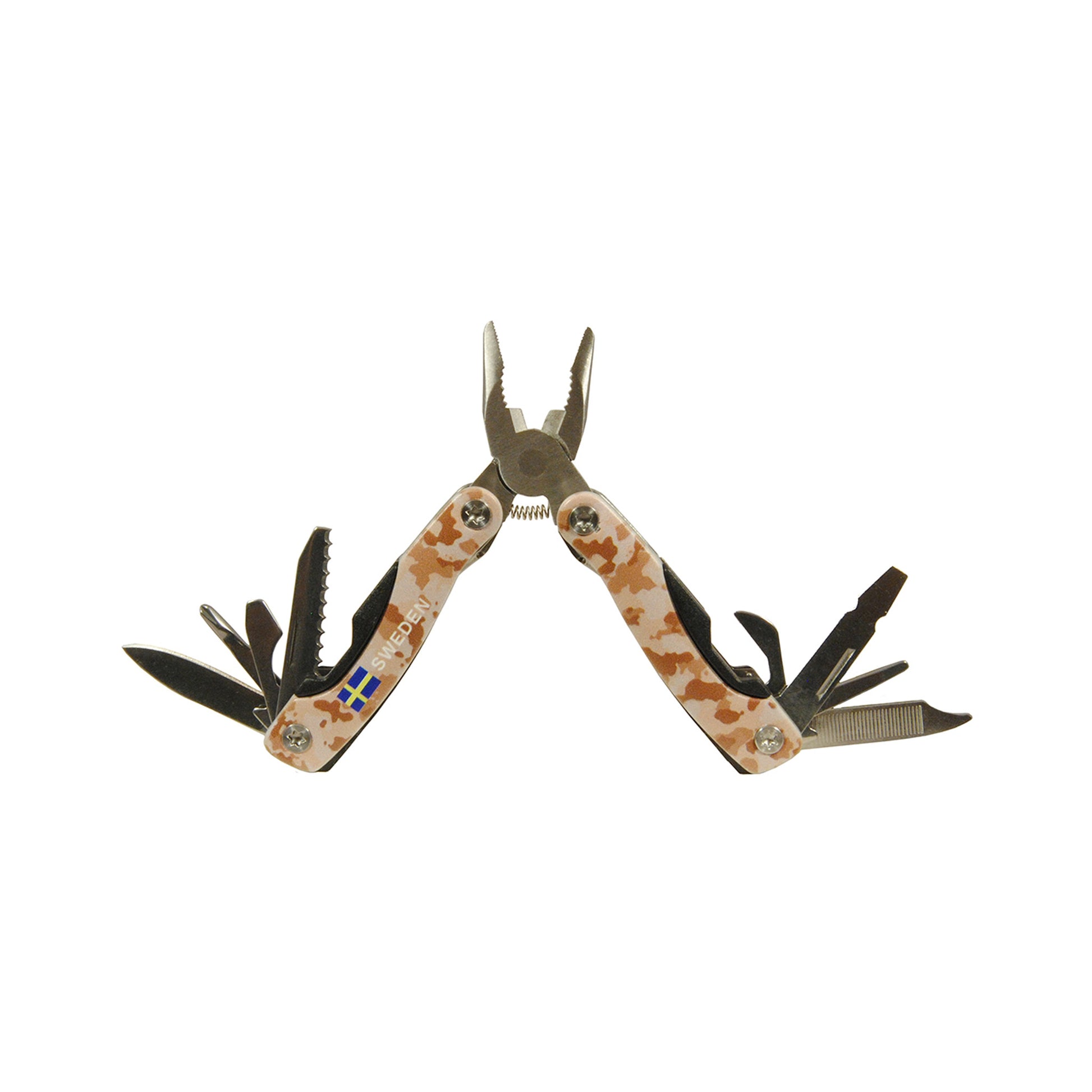 Utfällt multiverktyg med svenskt camouflage-mönster och texten "Sweden", 6,5 cm – visar 9 funktioner inklusive tång, såg, skruvmejsel och flasköppnare. 