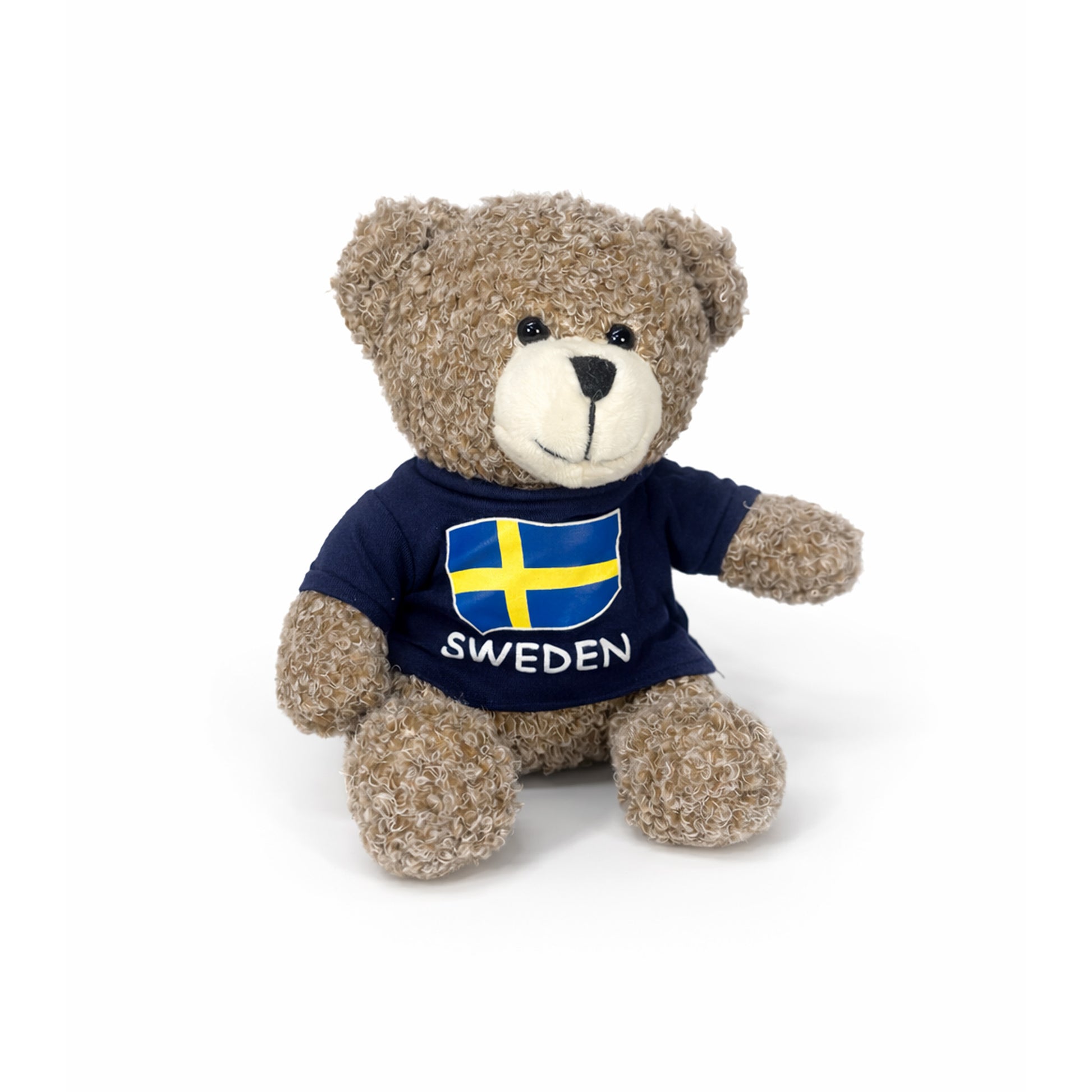 Klassisk 20 cm stor nallebjörn i mörkblå tröja med svensk flagga och texten ‘Sweden’, en mysig och charmig present eller souvenir från Sverige