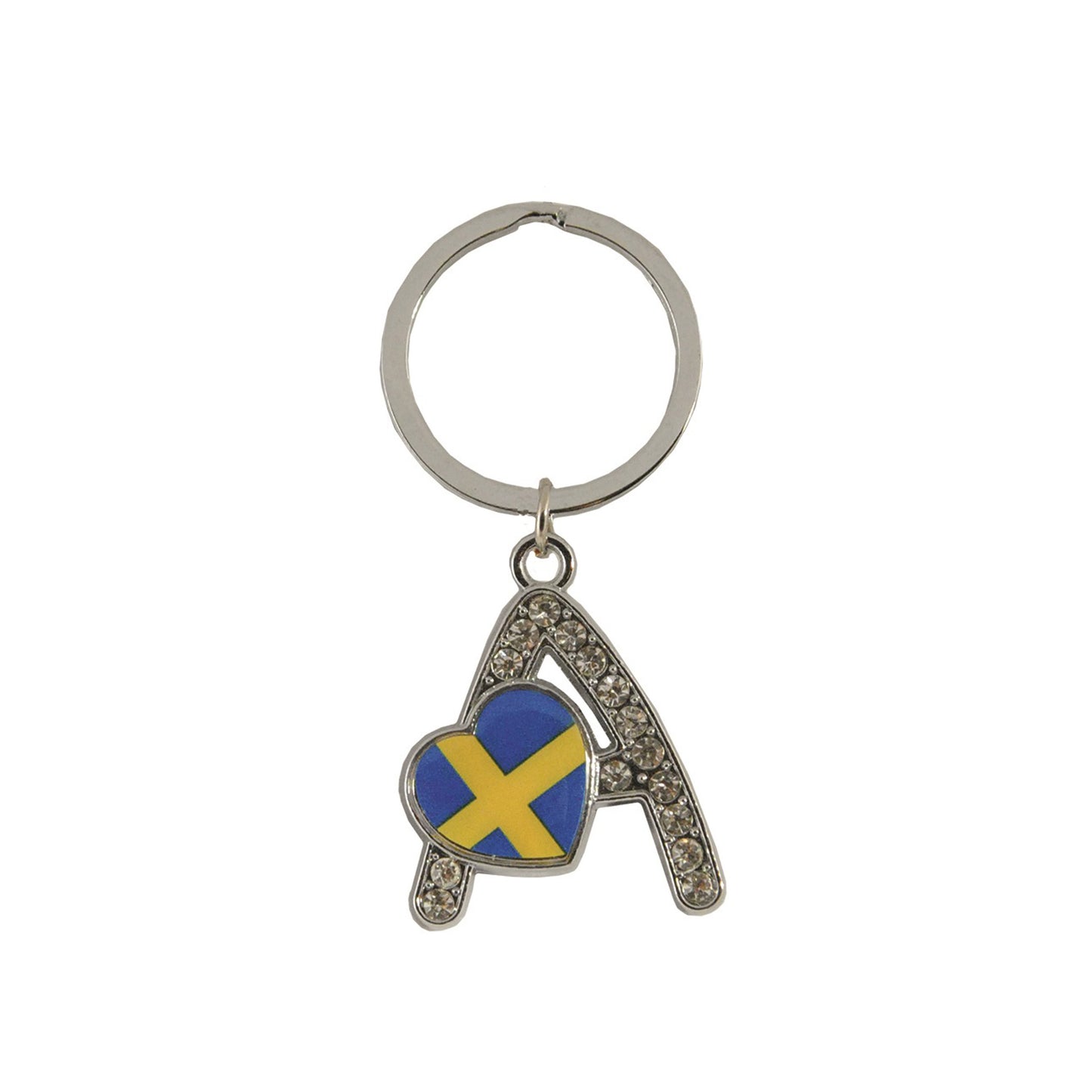 Metallnyckelring med bokstaven A. Bokstaven är dekorerad med glitterstenar. På bokstaven finns även ett hjärta med en svensk flagga. 