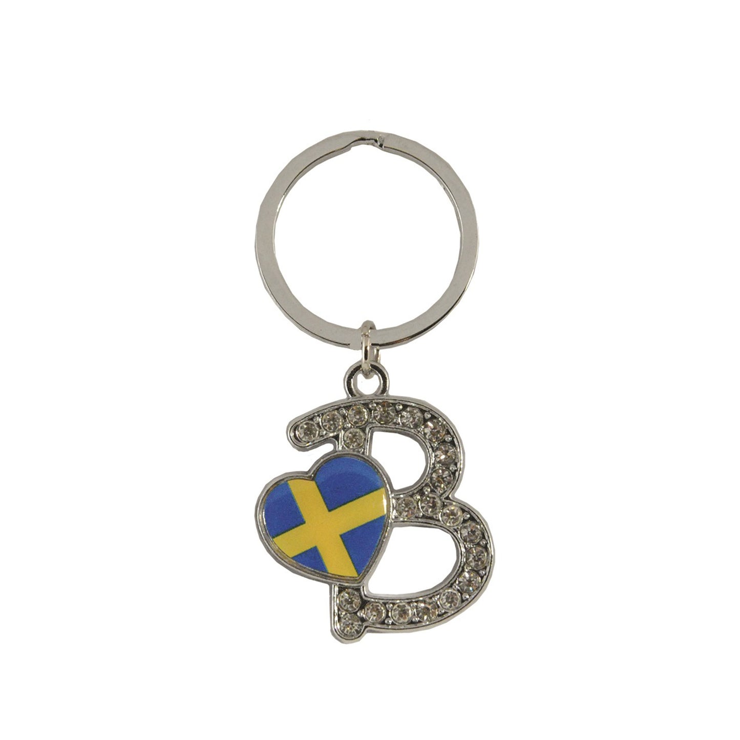 Metallnyckelring med bokstaven B. Bokstaven är dekorerad med glitterstenar. På bokstaven finns även ett hjärta med en svensk flagga. 