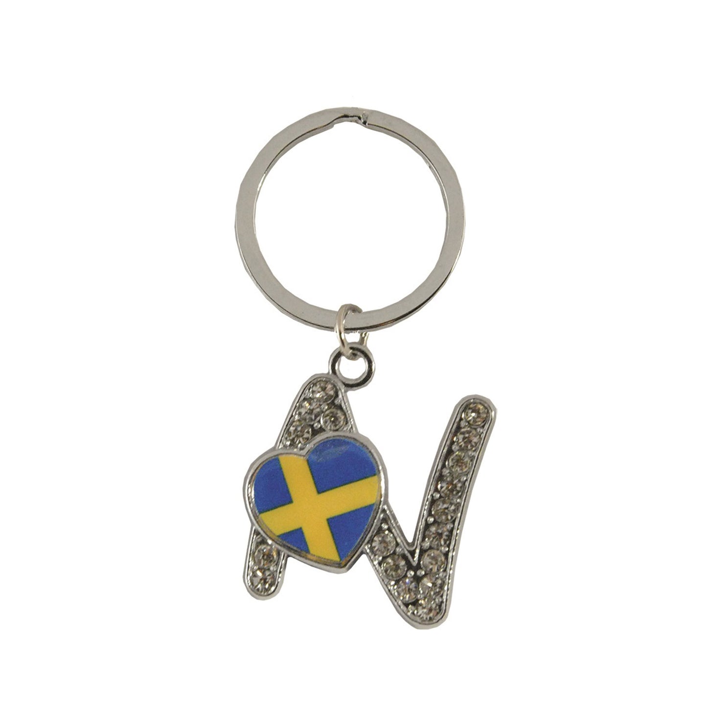 Metallnyckelring med bokstaven N. Bokstaven är dekorerad med glitterstenar. På bokstaven finns även ett hjärta med en svensk flagga.