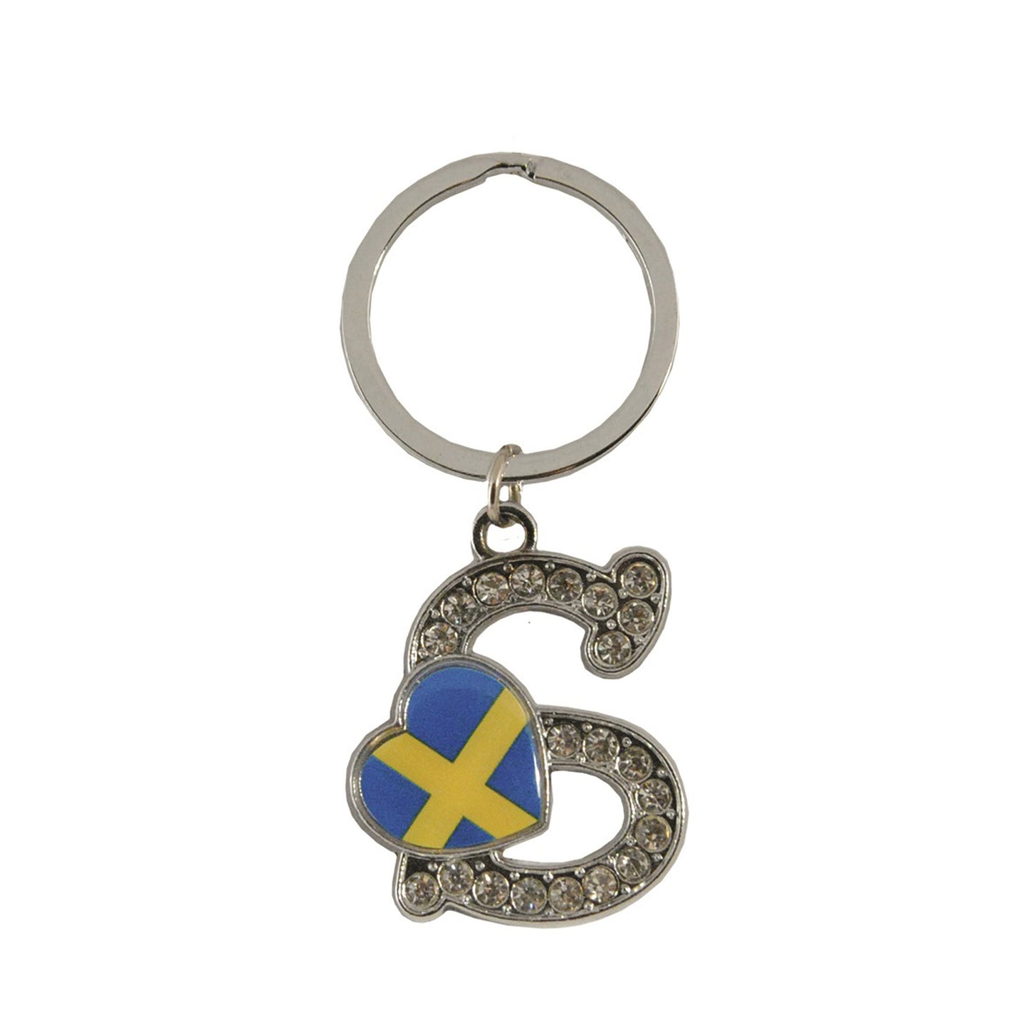 Metallnyckelring med bokstaven S. Bokstaven är dekorerad med glitterstenar. På bokstaven finns även ett hjärta med en svensk flagga.