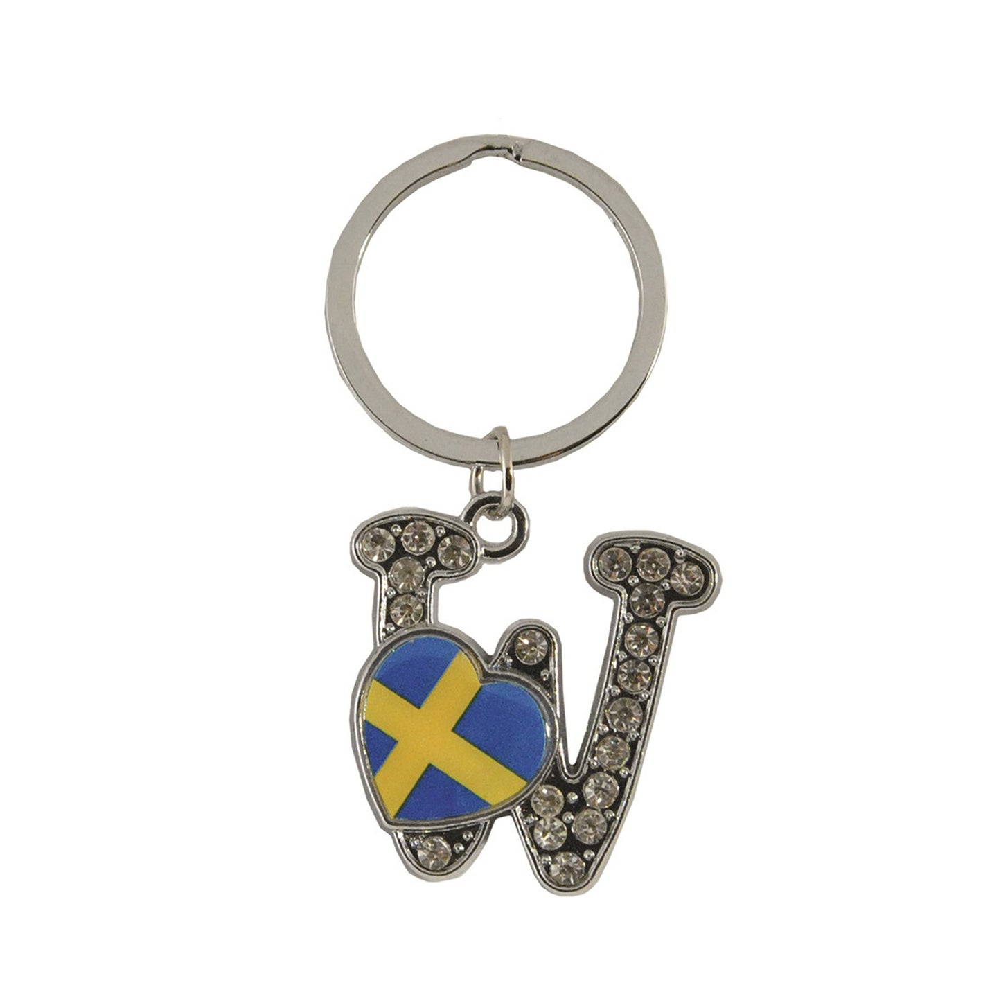 Metallnyckelring med bokstaven W. Bokstaven är dekorerad med glitterstenar. På bokstaven finns även ett hjärta med en svensk flagga.