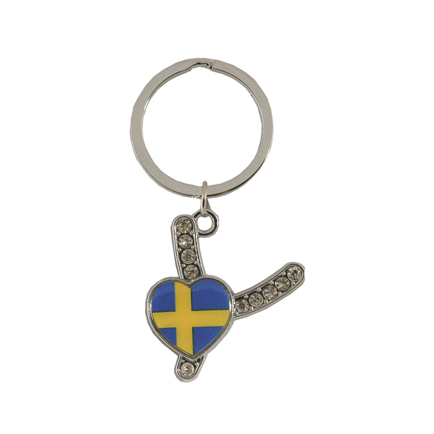 Metallnyckelring med bokstaven Y. Bokstaven är dekorerad med glitterstenar. På bokstaven finns även ett hjärta med en svensk flagga.