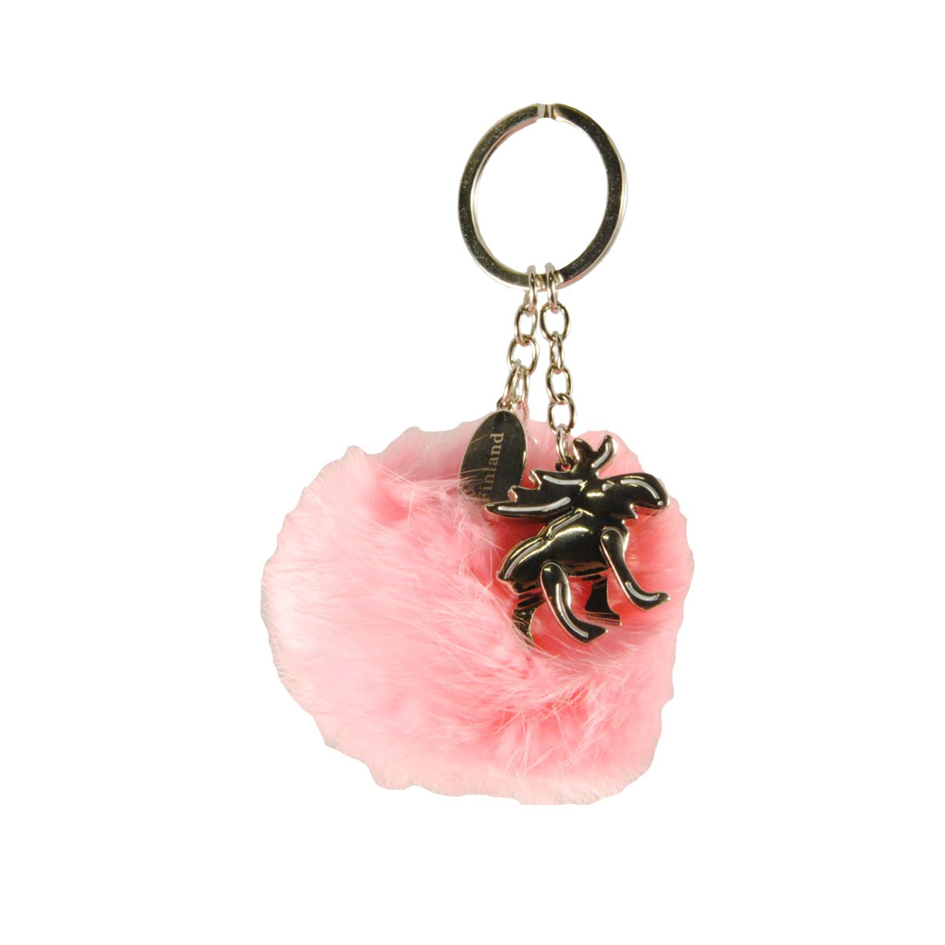 Nyckelring med rosa fluffig boll i fuskpäls, metallälg och skylt med texten "FINLAND" – dekorativ och praktisk accessoar till nycklar eller väska.
