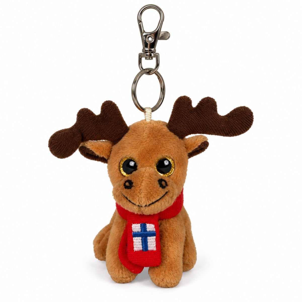 Nyckelring med brun gosedjursälg iklädd röd halsduk med finska flaggan.