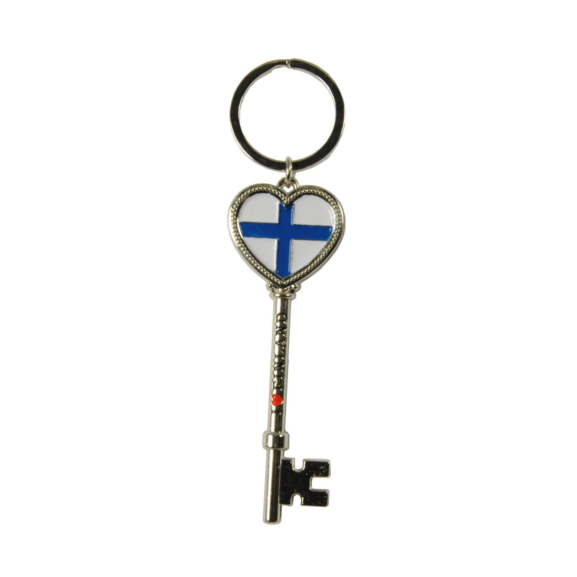 Souvenirnyckelring i nyckelform med texten "I Love Finland" och finska flaggan i ett hjärta. 