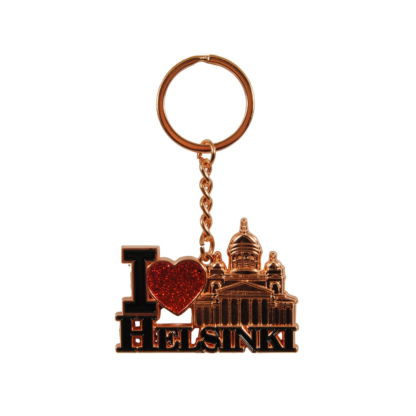 Glittrig nyckelring i roséguld med Helsingfors domkyrka och texten "I LOVE HELSINKI".
