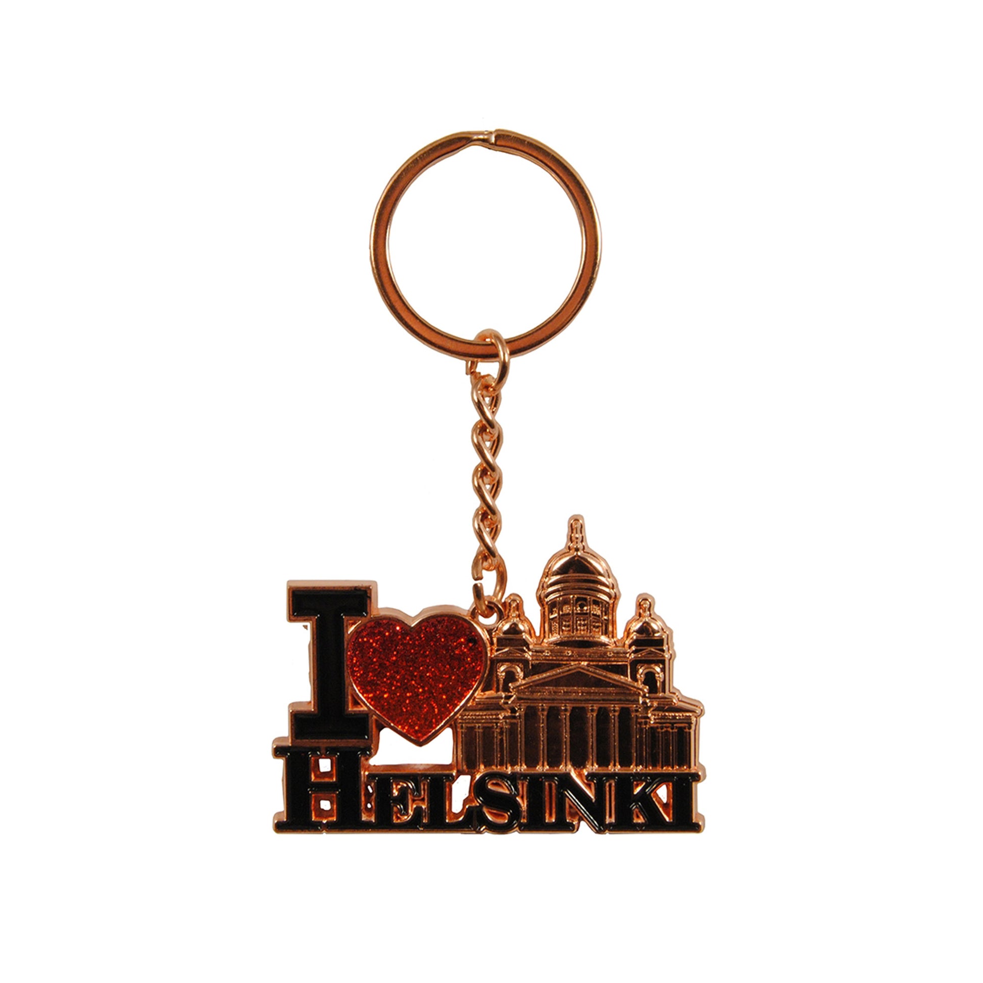 Glittrig nyckelring i roséguld med Helsingfors domkyrka och texten "I LOVE HELSINKI".