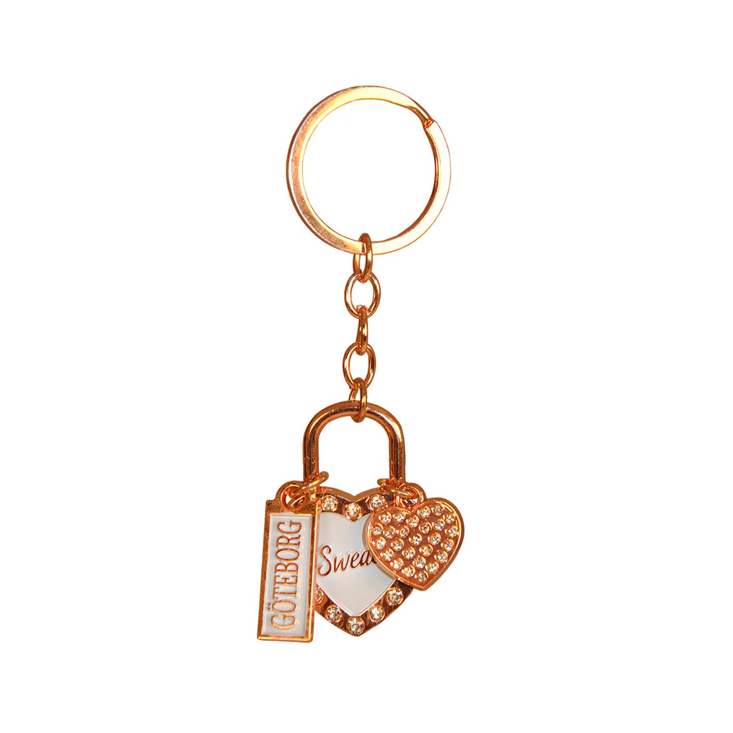 Souvenirnyckelring med två hjärtan – ett större med glittrig roseguldsram, ljusblå mitt och texten Sweden, och ett mindre hjärta prytt med glitterstenar – samt en skylt med texten Göteborg.