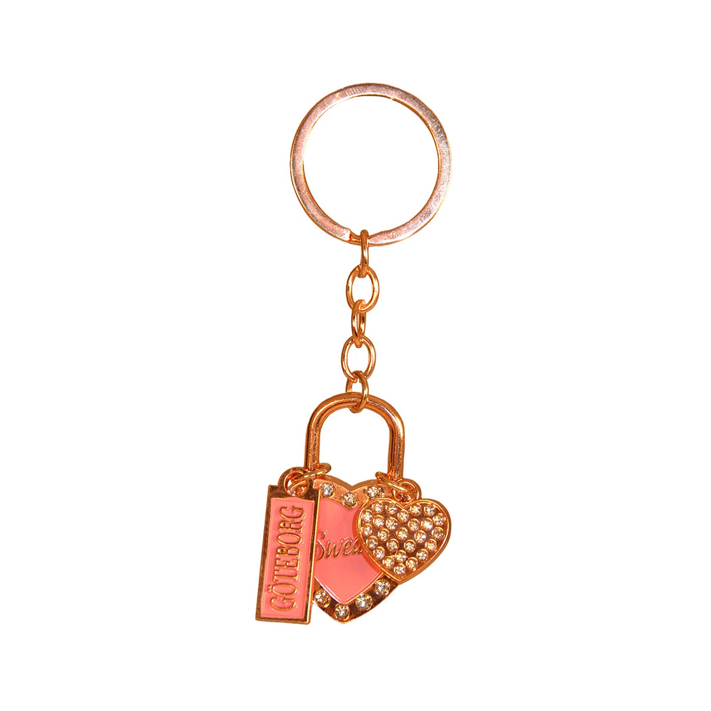 Souvenirnyckelring med två hjärtan – ett större med glittrig roseguldsram, rosa mitt och texten Sweden, och ett mindre hjärta prytt med glitterstenar – samt en skylt med texten Göteborg.