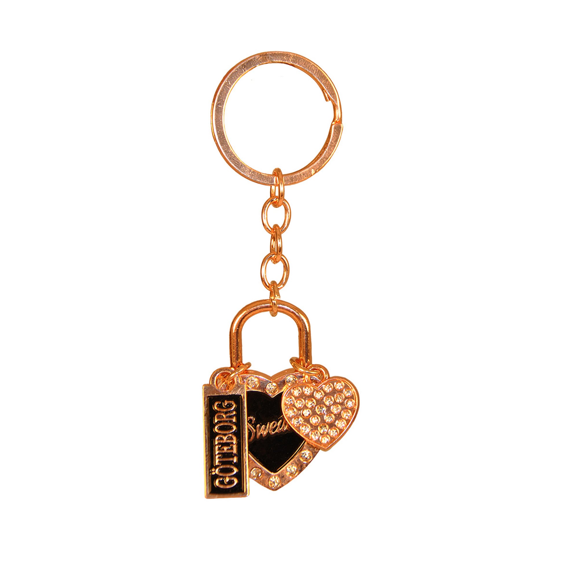 Souvenirnyckelring med två hjärtan – ett större med glittrig roseguldsram, svart mitt och texten Sweden, och ett mindre hjärta prytt med glitterstenar – samt en skylt med texten Göteborg.