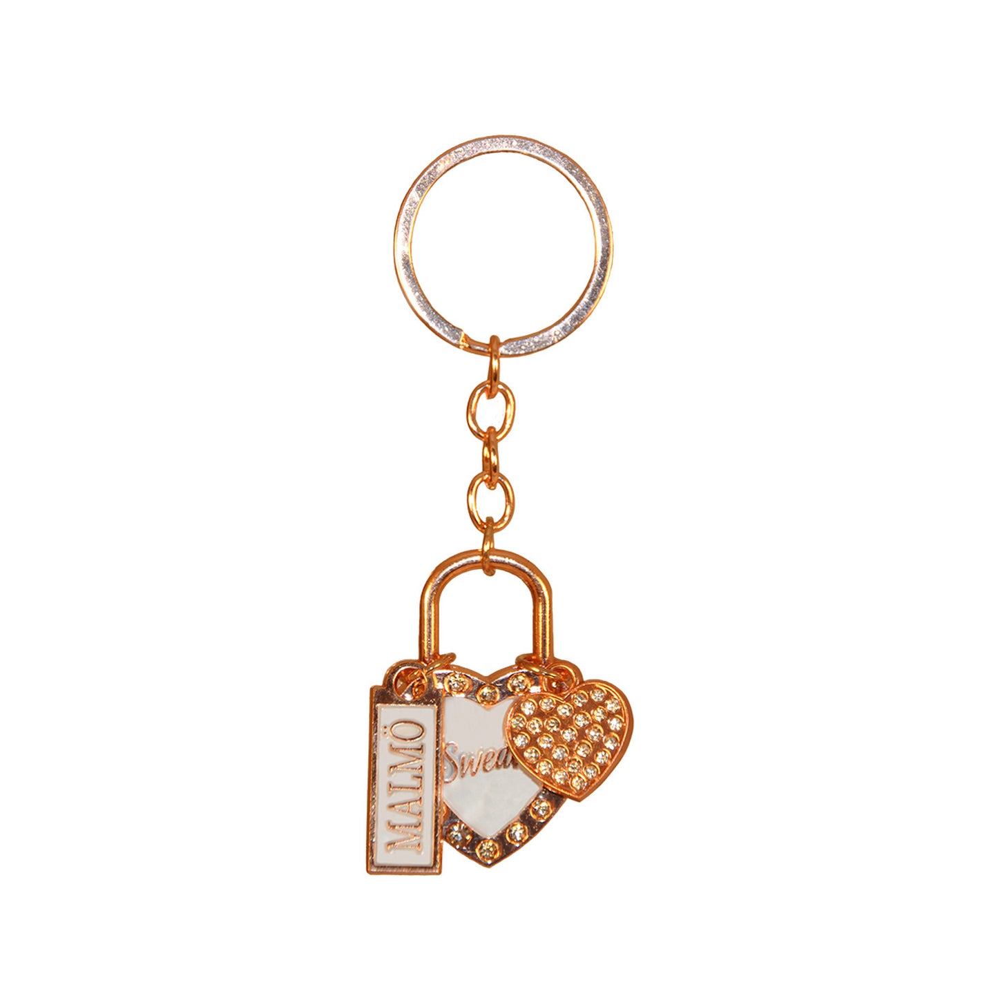 Souvenirnyckelring med två hjärtan – ett större med glittrig roseguldsram, ljusblå mitt och texten Sweden, och ett mindre hjärta prytt med glitterstenar – samt en skylt med texten Malmö.