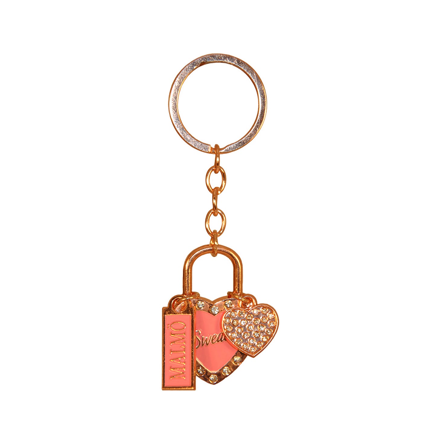 Souvenirnyckelring med två hjärtan – ett större med glittrig roseguldsram, rosa mitt och texten Sweden, och ett mindre hjärta prytt med glitterstenar – samt en skylt med texten Malmö.