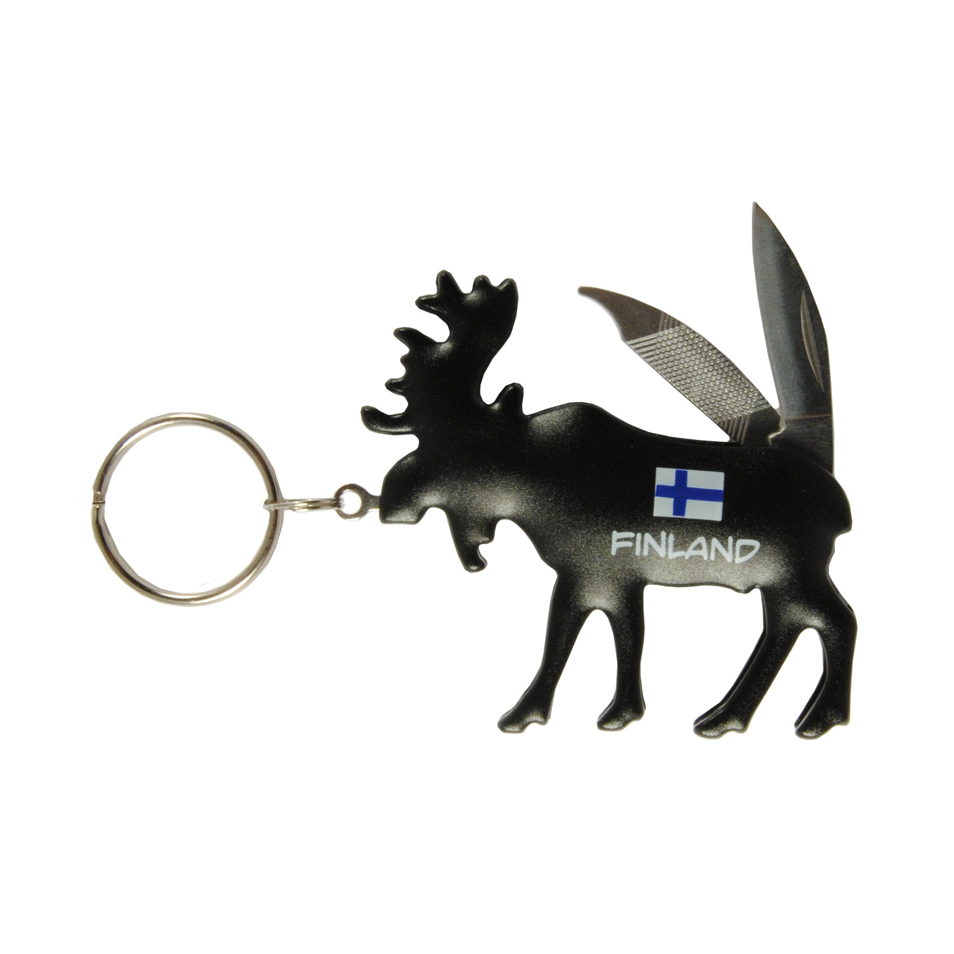 Nyckelring med fickkniv i form av en älg, 6 x 5,5 cm – här utfälld och visar kniv och fil. Dekorerad med finsk flagga och texten "Finland" på kroppen. Perfekt souvenir! 