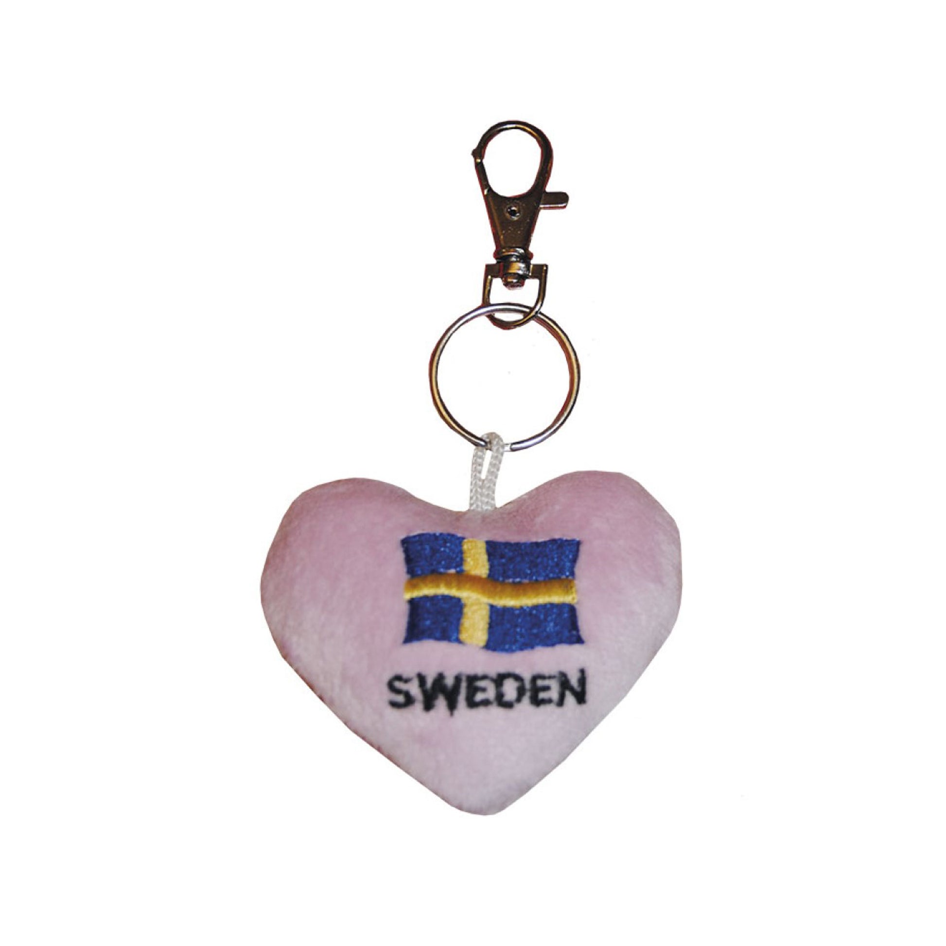Mjuk och rosa nyckelring i form av ett hjärta med broderad text och svensk flagga, 6 cm stor.
