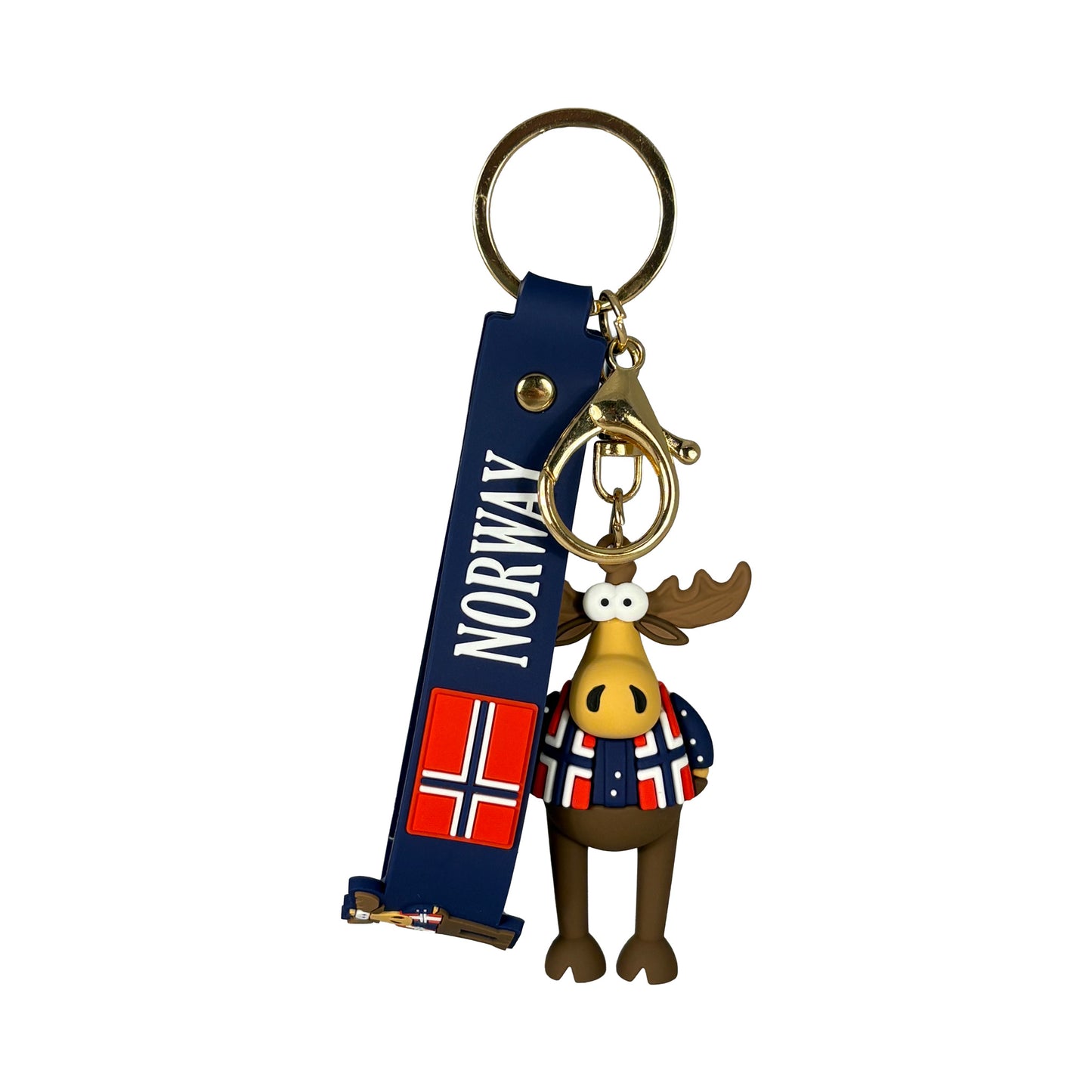 Nyckelring med älgfigur i jacka prydd med norska flaggor, fäst vid en blå PVC rem med norsk flagga, älg och texten "Norway", samt guldfärgad nyckelring.