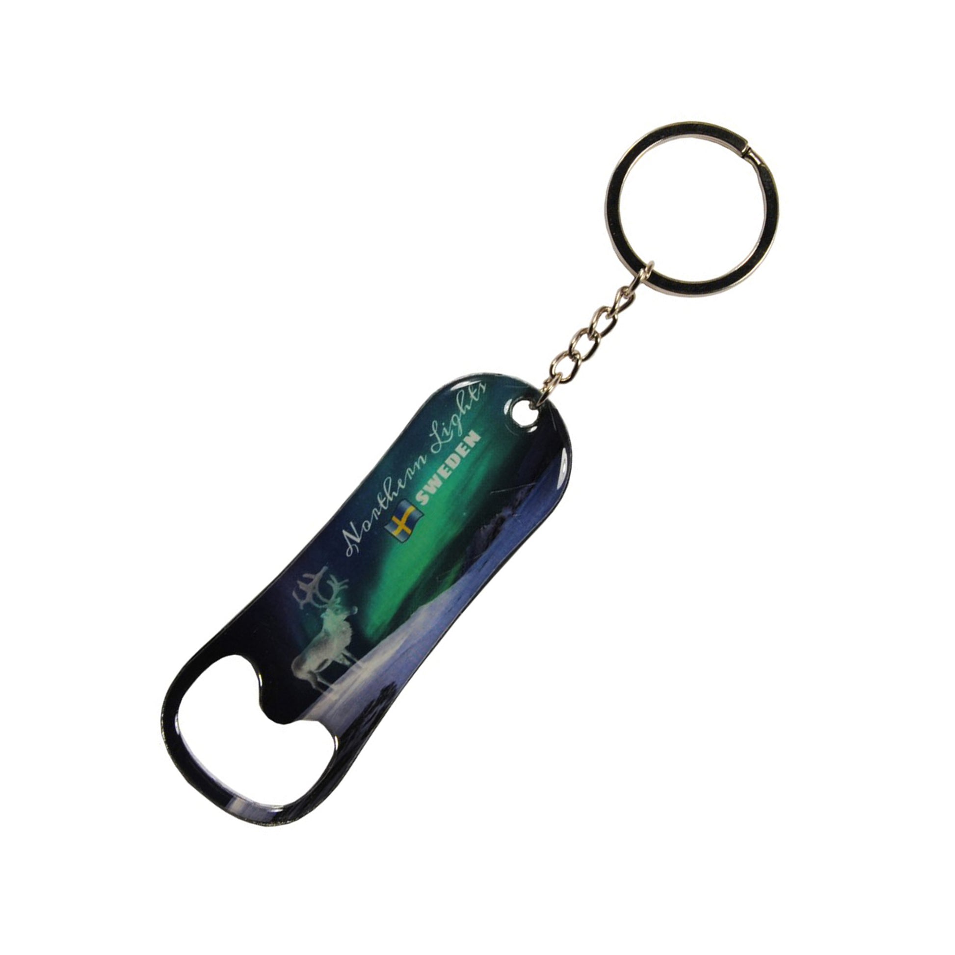 Metallnyckelring med flasköppnare – motiv av norrsken, svensk flagga och texten "Northern Lights Sweden".