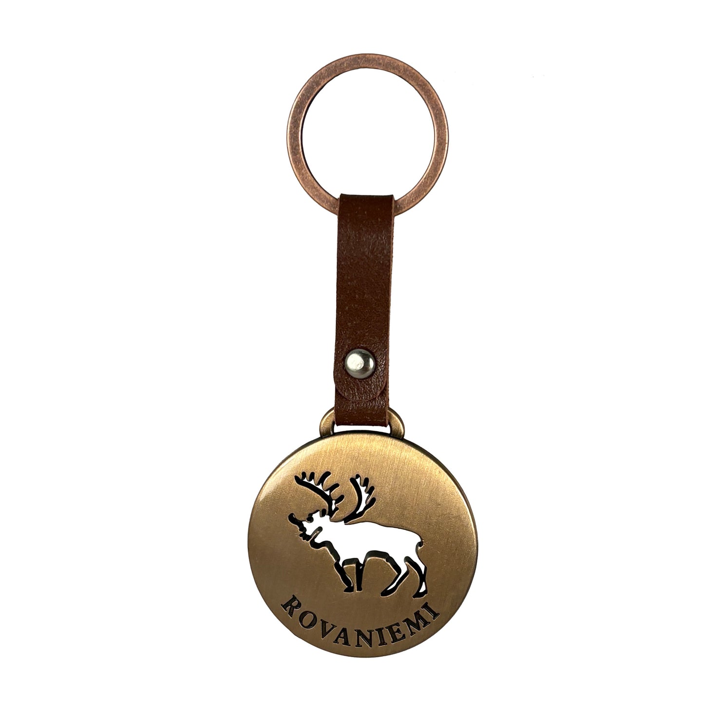 Bronsfärgad nyckelring med brunt läderband, utskuren ren och instansad text "ROVANIEMI".