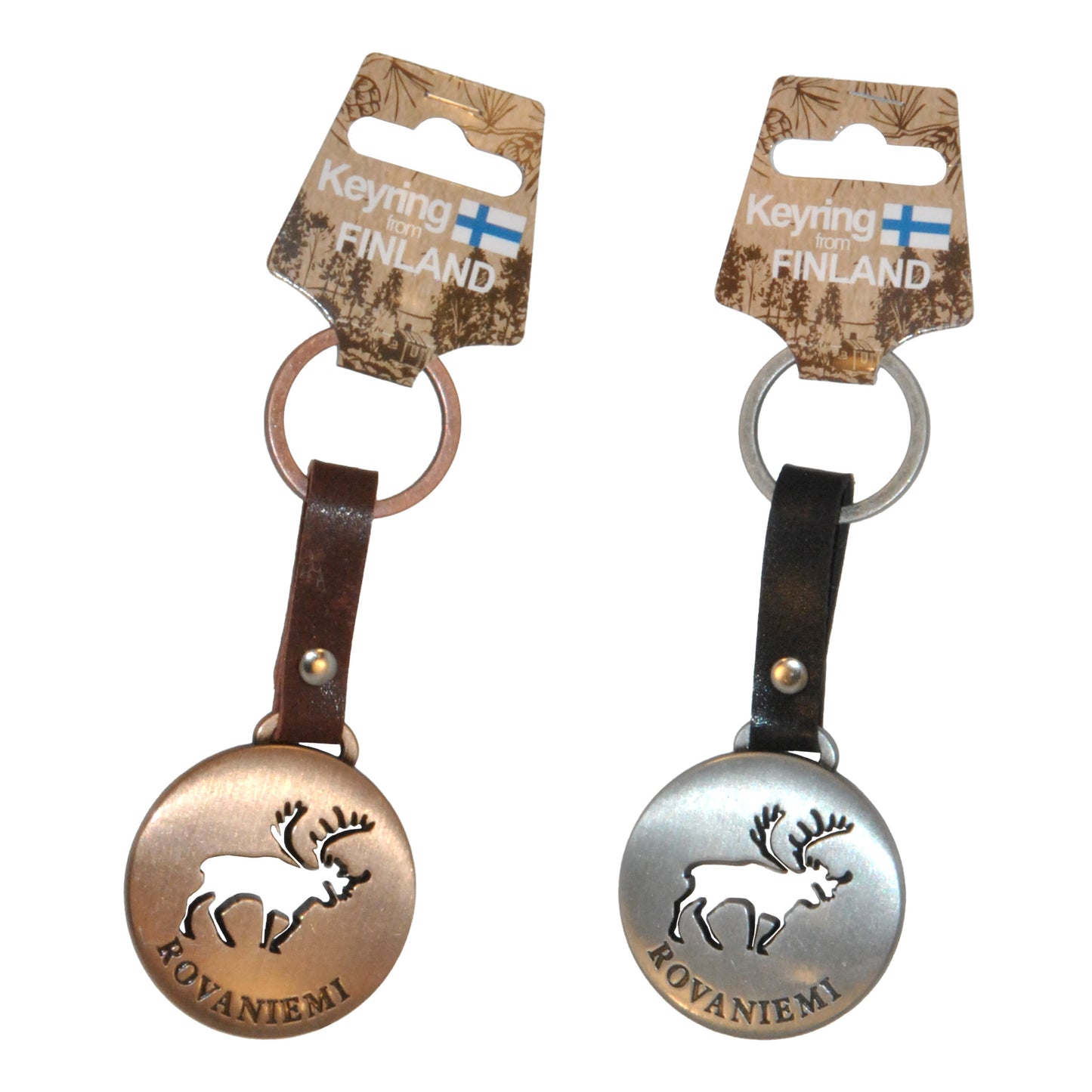 Silver- och bronsfärgade nyckelringar med läderband monterade på grå hängetiketter med texten "Key Ring from Finland".